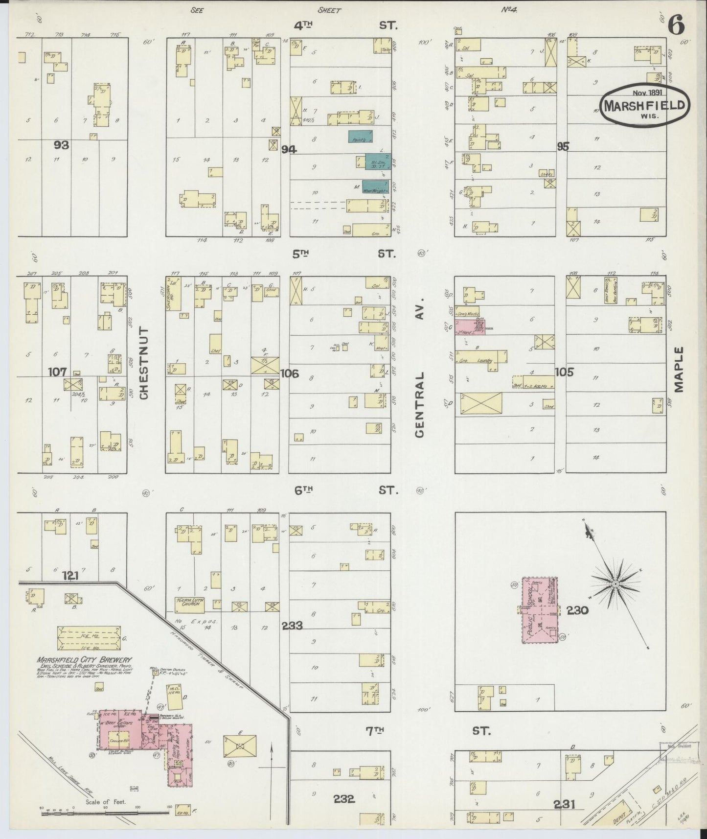 Sanborn Fire Insurance Map from Marshfield, Wood County, Wisconsin (1891), Sheet #0006 - Historic Sanborn Fire Insurance Map Print, vintage old map wall art, antique decor, genealogy gift, Wisconsin Wisconsin map