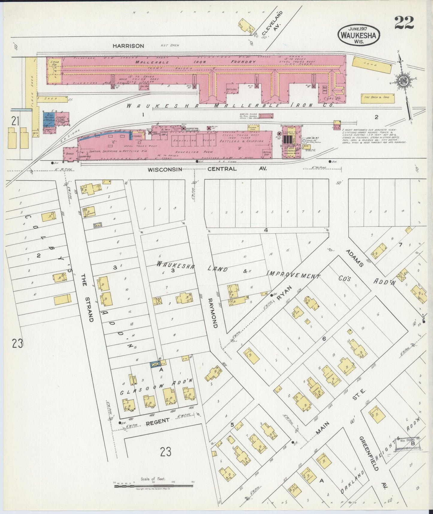 Sanborn Fire Insurance Map from Waukesha, Waukesha County, Wisconsin (1917), Sheet #0022 - Historic Sanborn Fire Insurance Map Print, vintage old map wall art, antique decor, genealogy gift, Wisconsin Wisconsin map