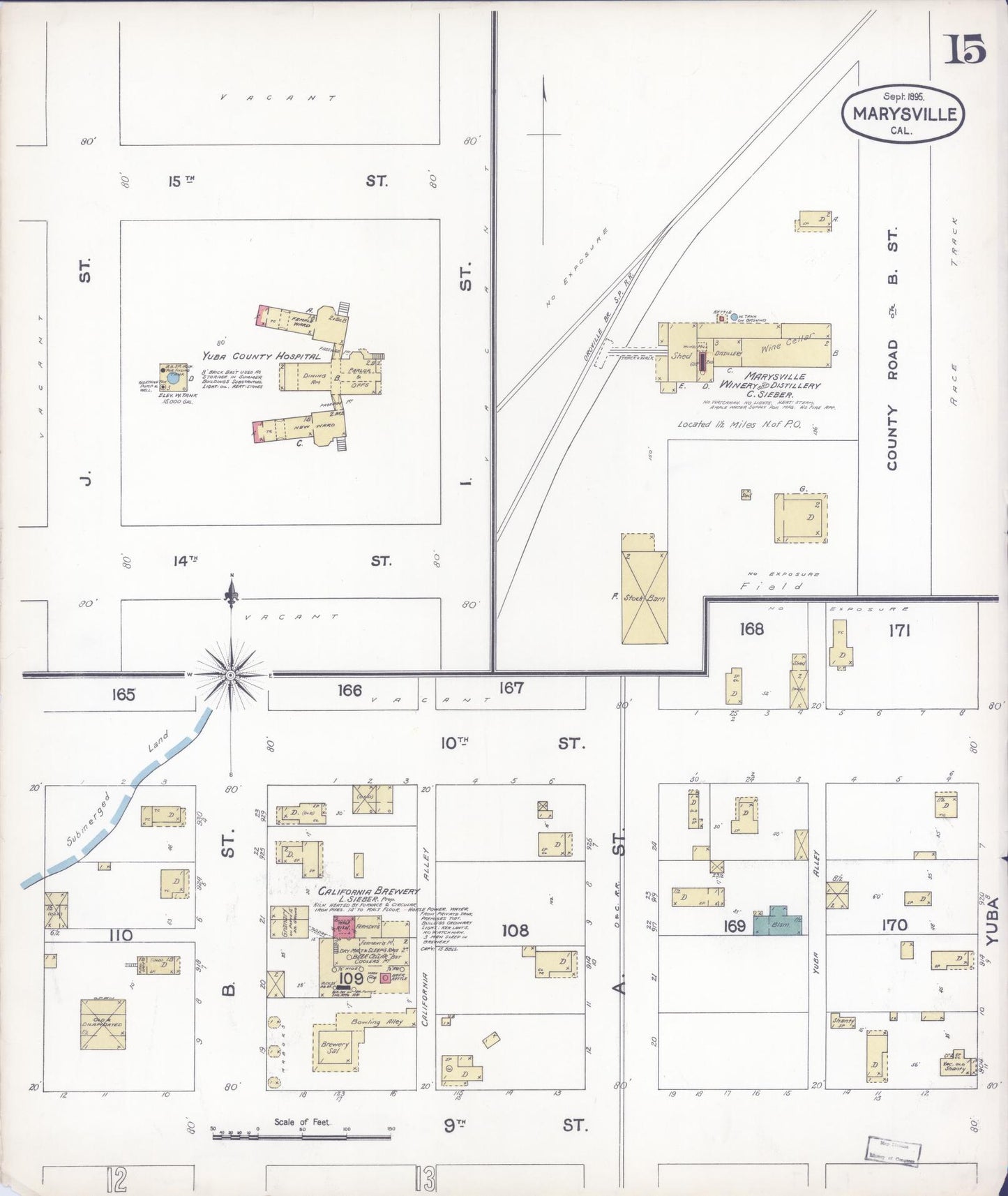 Sanborn Fire Insurance Map from Marysville, Yuba County, California (1895), Sheet #0015 - Historic Sanborn Fire Insurance Map Print, vintage old map wall art, antique decor, genealogy gift, California California map