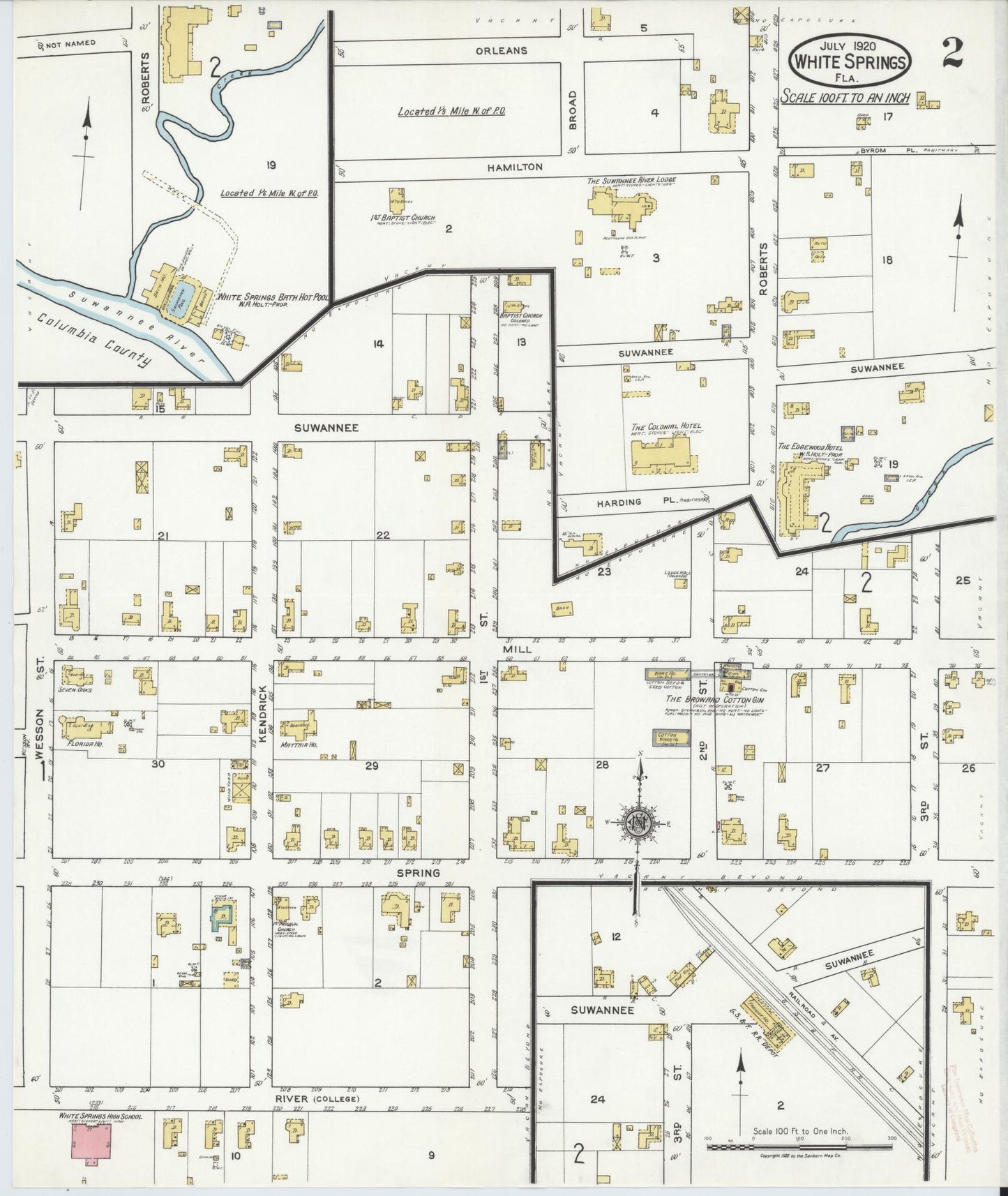 Sanborn Fire Insurance Map from White Springs, Hamilton County, Florida (1920), Sheet #0002 - Complete Map Set gallery image, historic Sanborn map, vintage wall art, Florida Florida