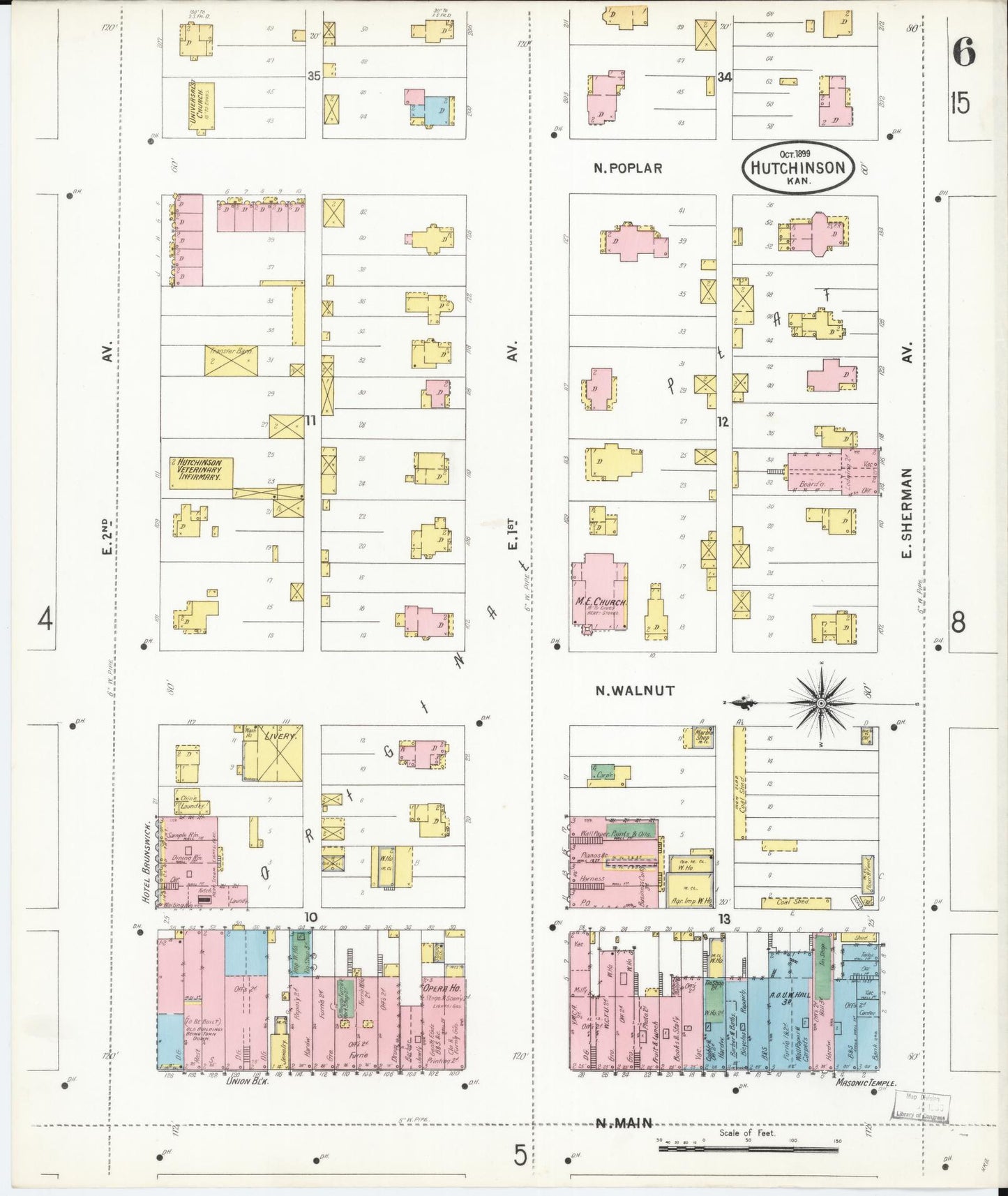 Sanborn Fire Insurance Map from Hutchinson, Reno County, Kansas (1899), Sheet #0006 - Historic Sanborn Fire Insurance Map Print, vintage old map wall art, antique decor, genealogy gift, Kansas Kansas map