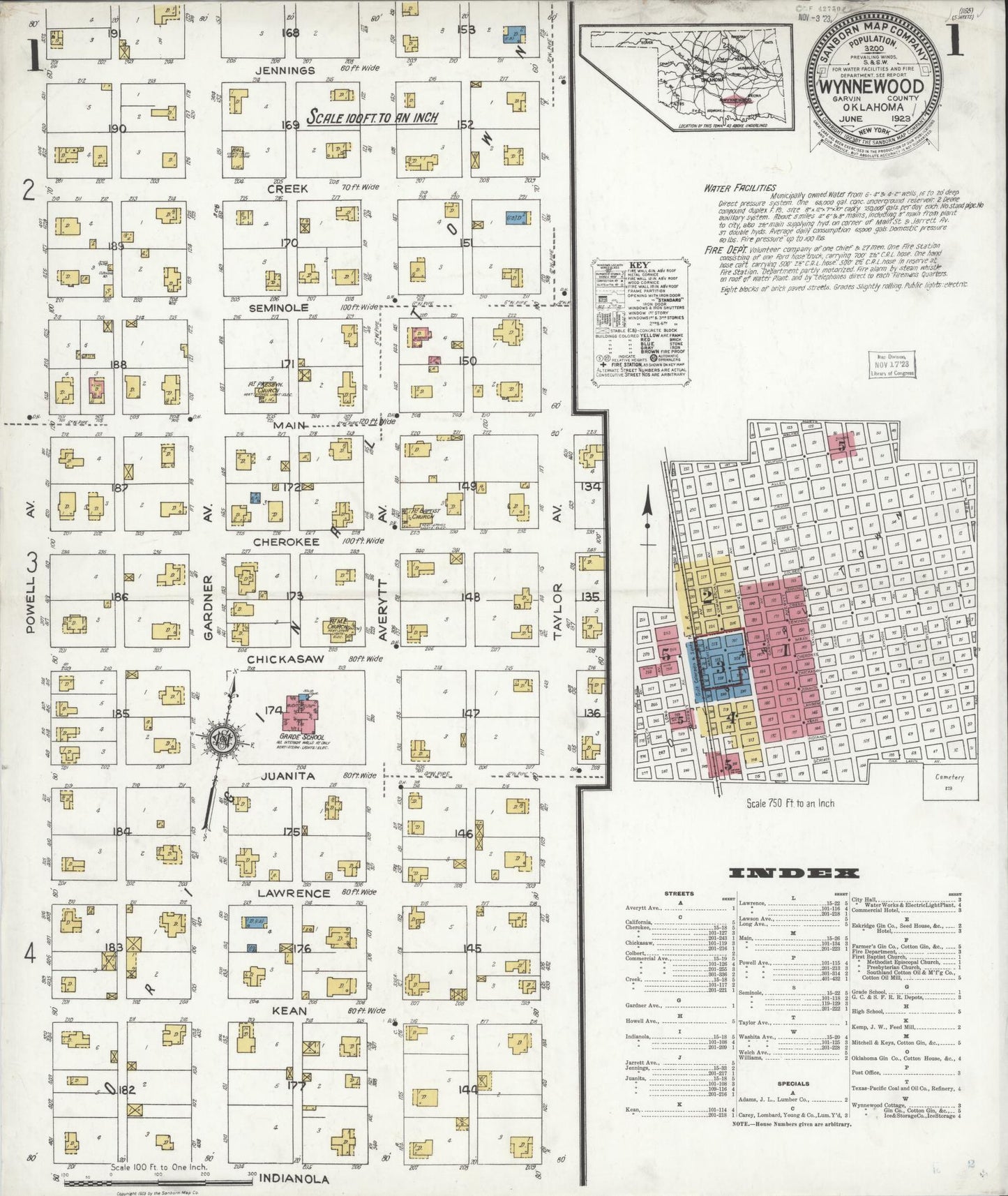 Sanborn Fire Insurance Map from Wynnewood, Garvin County, Oklahoma (1923), Sheet #0001 - Historic Sanborn Fire Insurance Map Print, vintage old map wall art, antique decor, genealogy gift, Oklahoma Oklahoma map