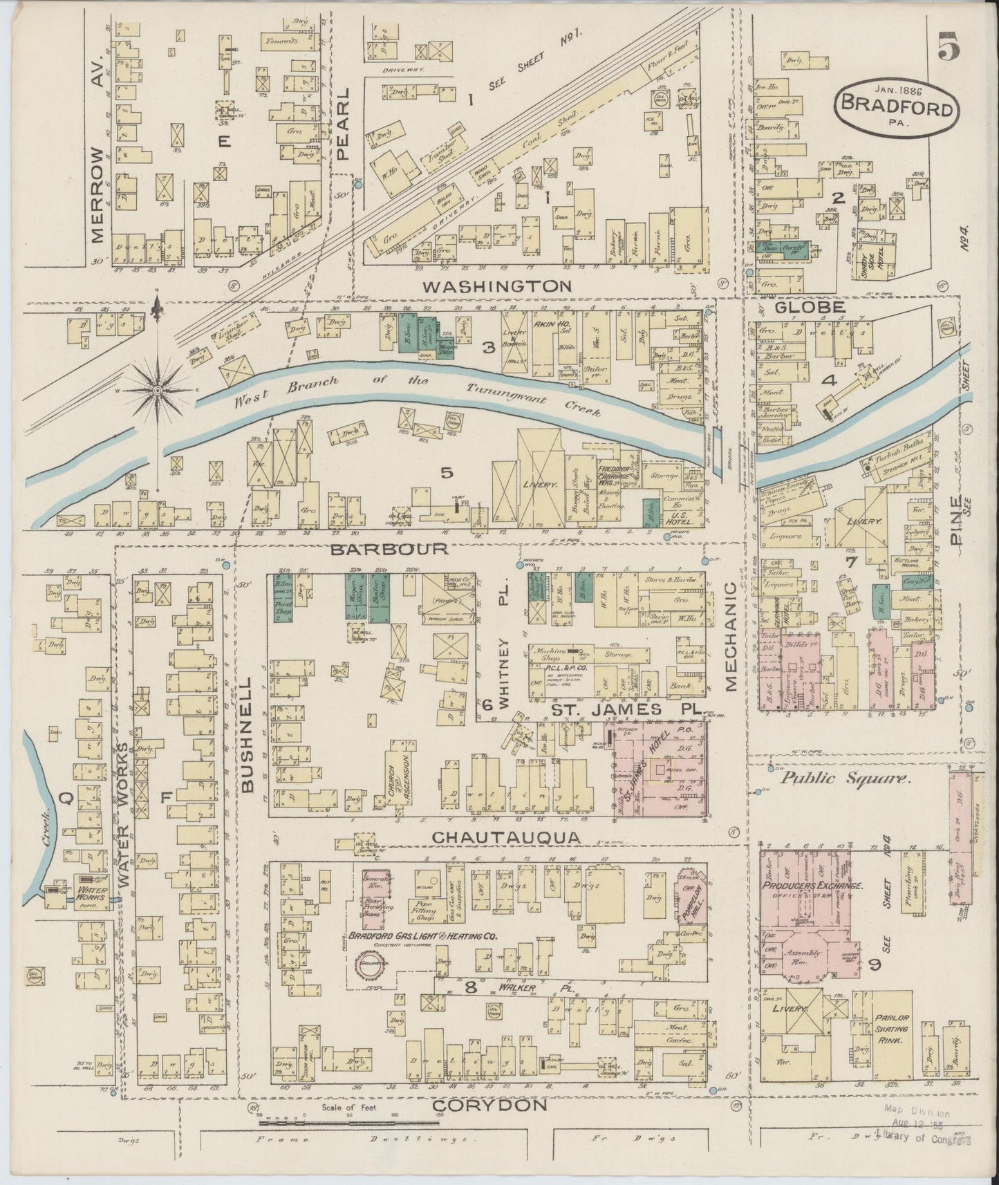 Sanborn Fire Insurance Map from Bradford, McKean County, Pennsylvania (1886), Sheet #0005 - Historic Sanborn Fire Insurance Map Print, vintage old map wall art, antique decor, genealogy gift, Pennsylvania Pennsylvania map
