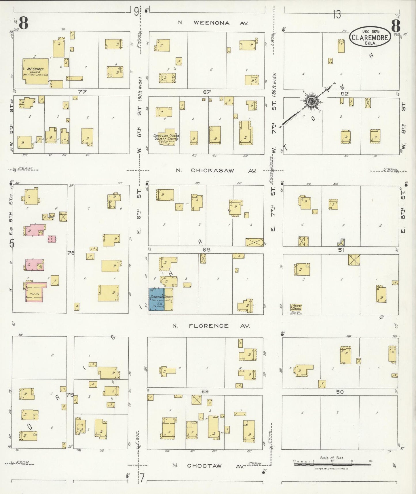 Sanborn Fire Insurance Map from Claremore, Rogers County, Oklahoma (1925), Sheet #0008 - Historic Sanborn Fire Insurance Map Print, vintage old map wall art, antique decor, genealogy gift, Oklahoma Oklahoma map