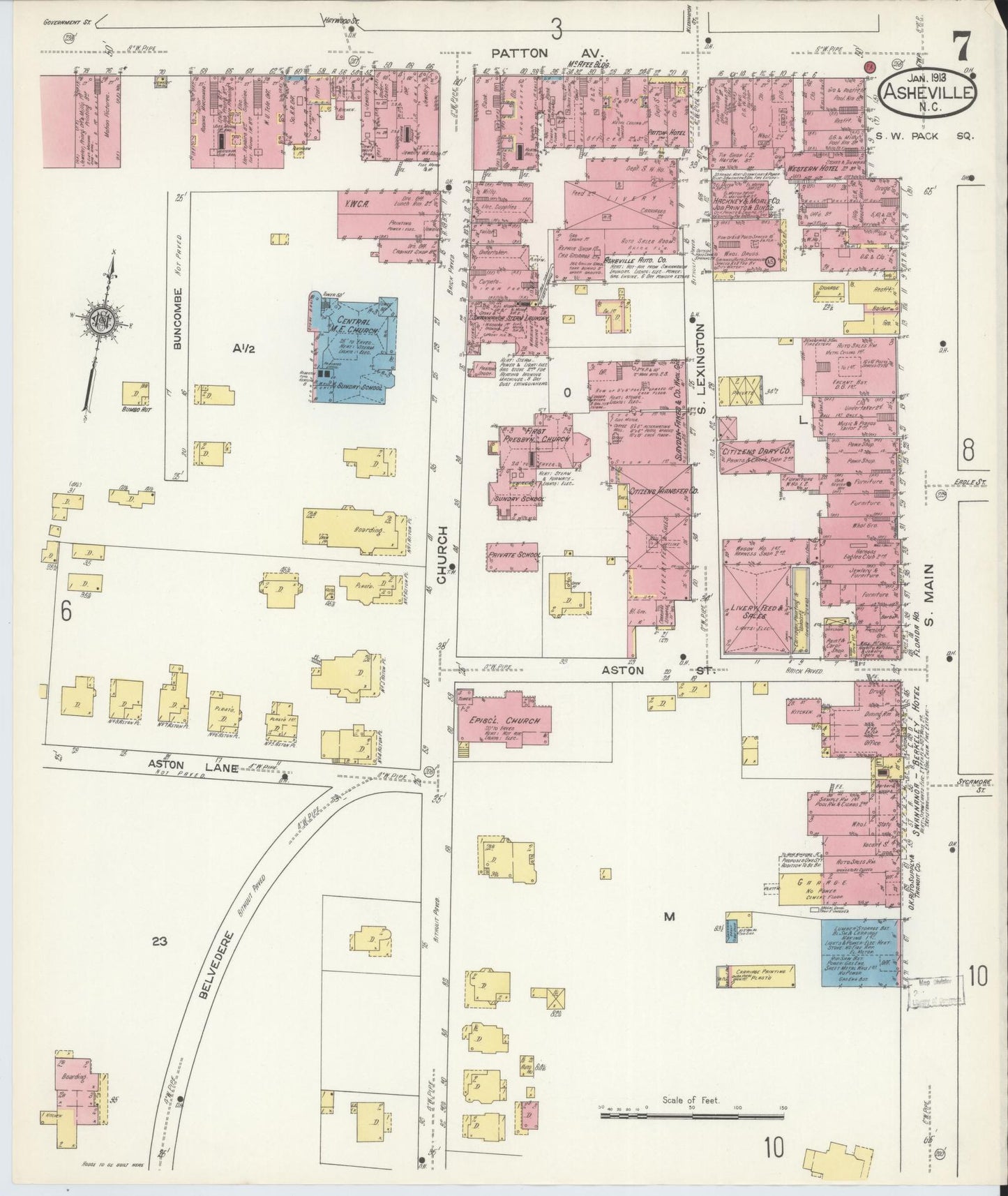 Sanborn Fire Insurance Map from Asheville, Buncombe County, North Carolina (1913), Sheet #0007 - Historic Sanborn Fire Insurance Map Print, vintage old map wall art, antique decor, genealogy gift, North Carolina North Carolina map