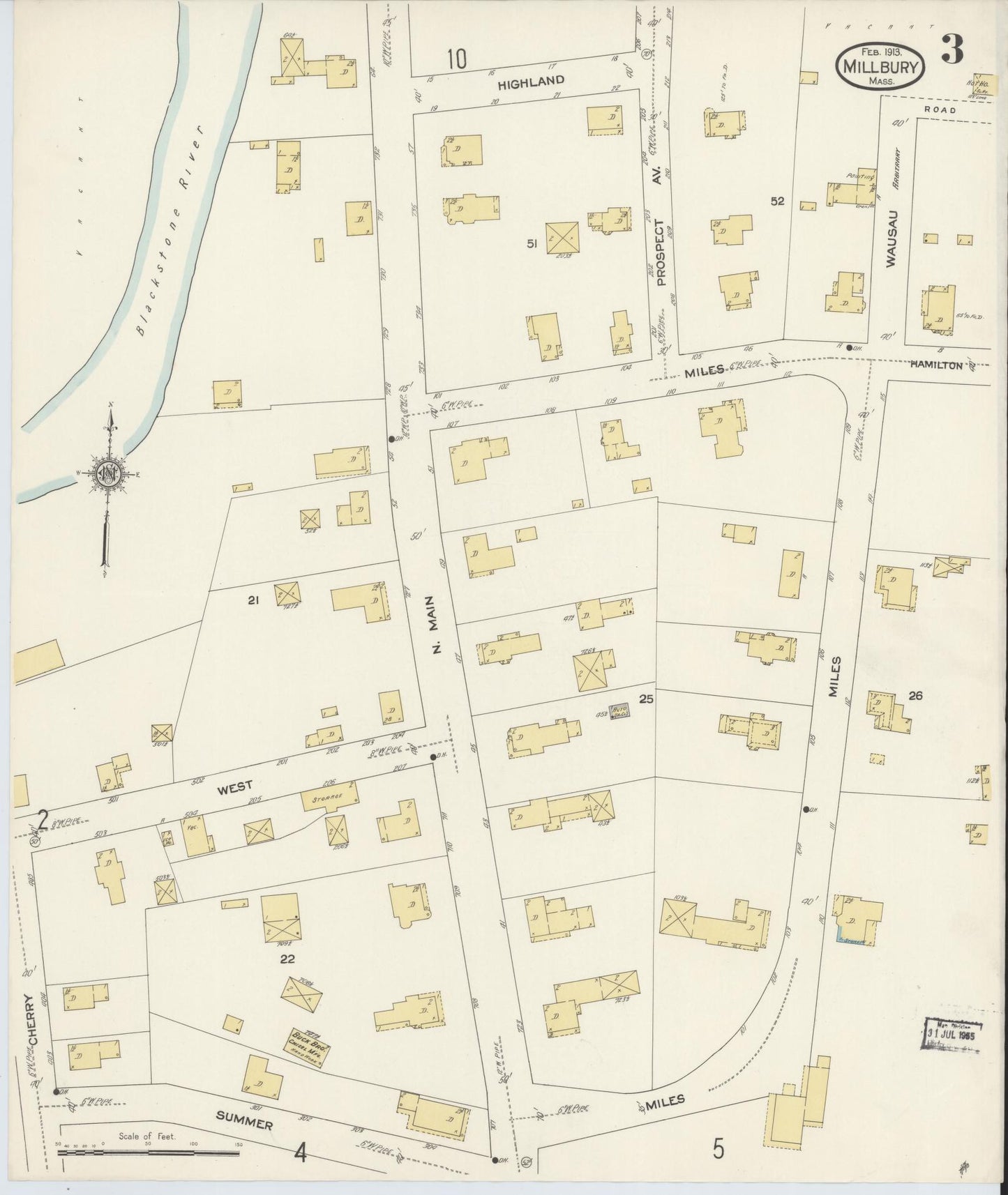 Sanborn Fire Insurance Map from Millbury, Worcester County, Massachusetts (1913), Sheet #0003 - Historic Sanborn Fire Insurance Map Print, vintage old map wall art, antique decor, genealogy gift, Massachusetts Massachusetts map