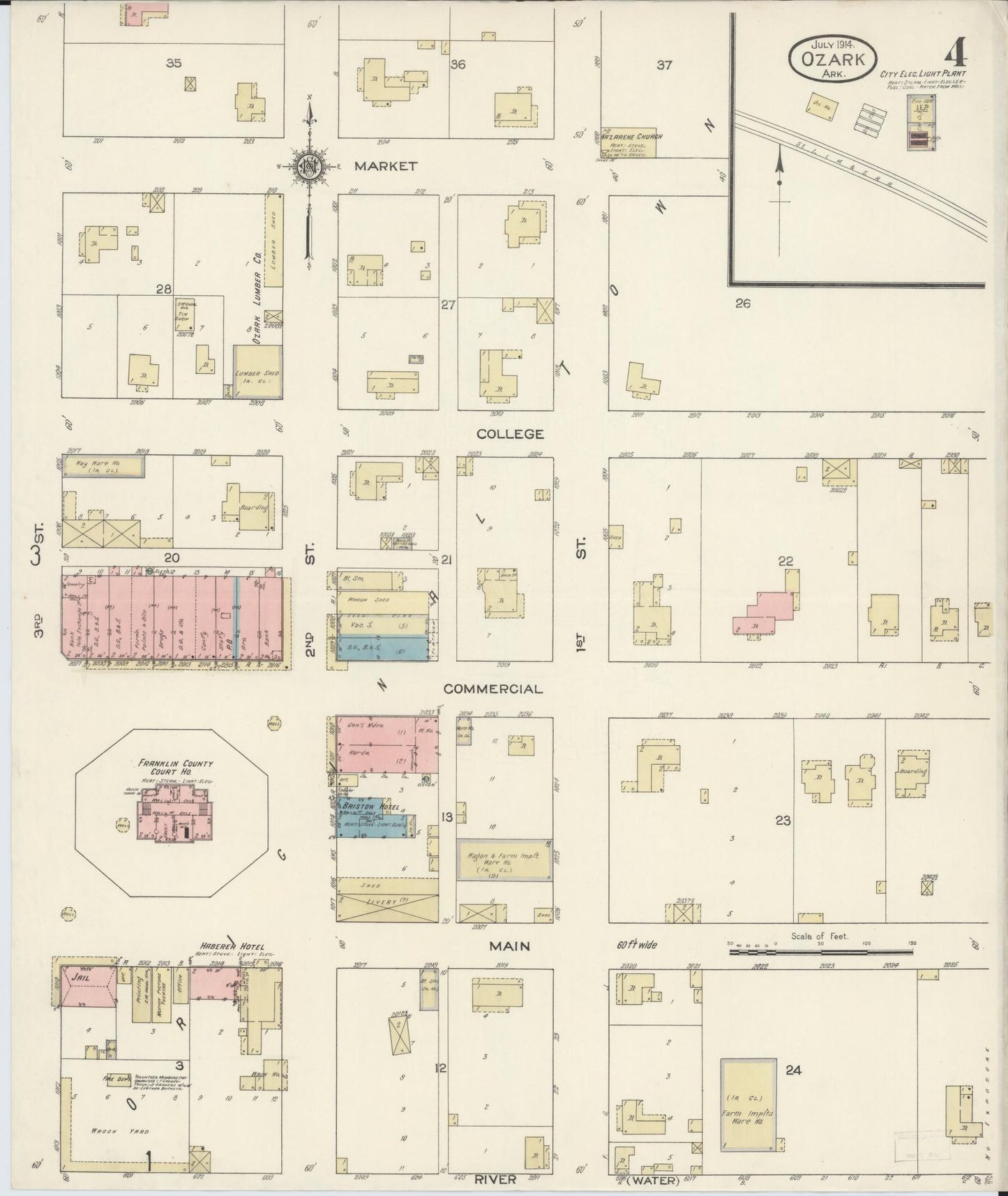 Sanborn Fire Insurance Map from Ozark, Franklin County, Arkansas (1914), Sheet #0004 - Complete Map Set gallery image, historic Sanborn map, vintage wall art, Arkansas Arkansas