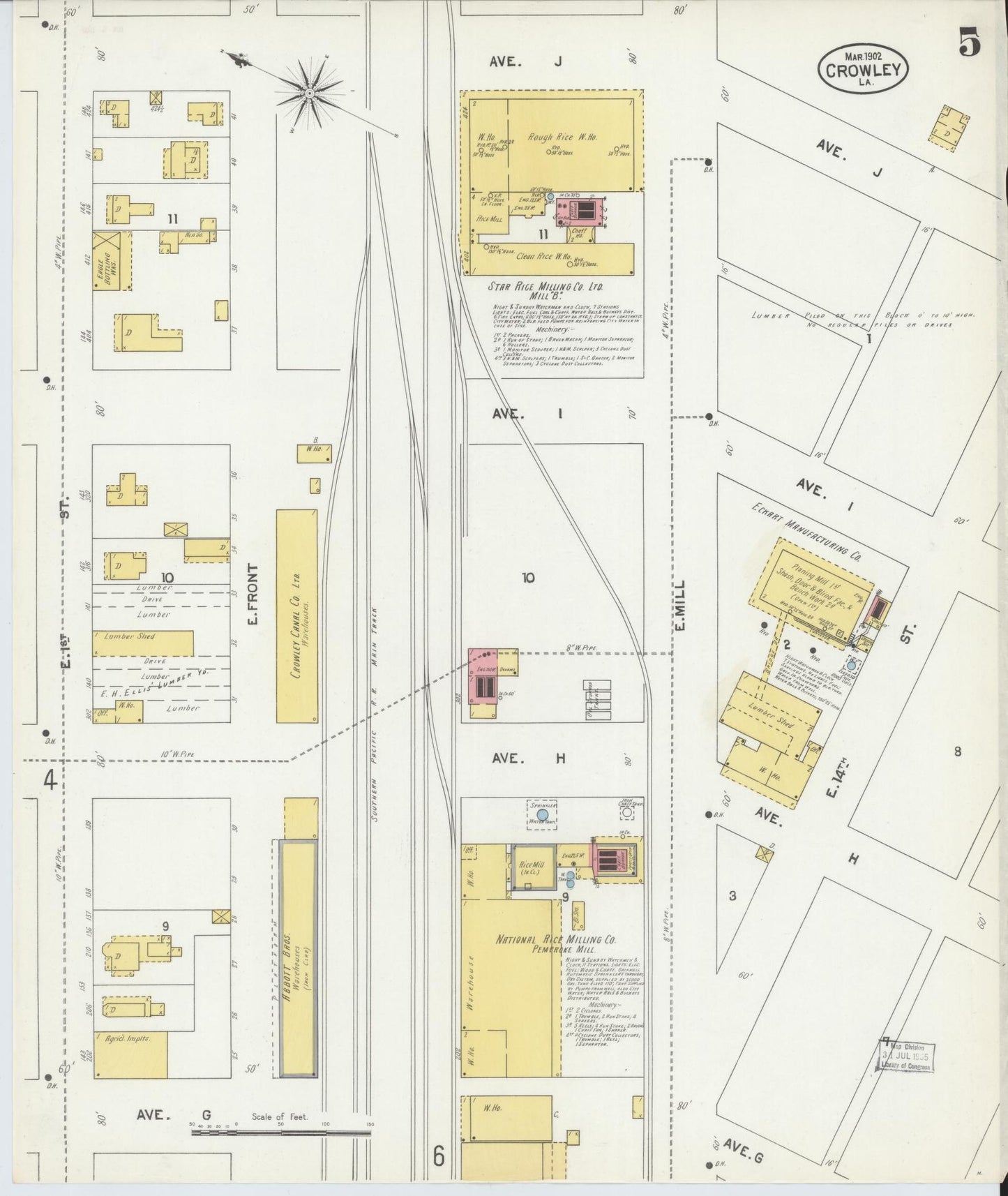Sanborn Fire Insurance Map from Crowley, Acadia Parish, Louisiana (1902), Sheet #0005 - Historic Sanborn Fire Insurance Map Print, vintage old map wall art, antique decor, genealogy gift, Louisiana Louisiana map