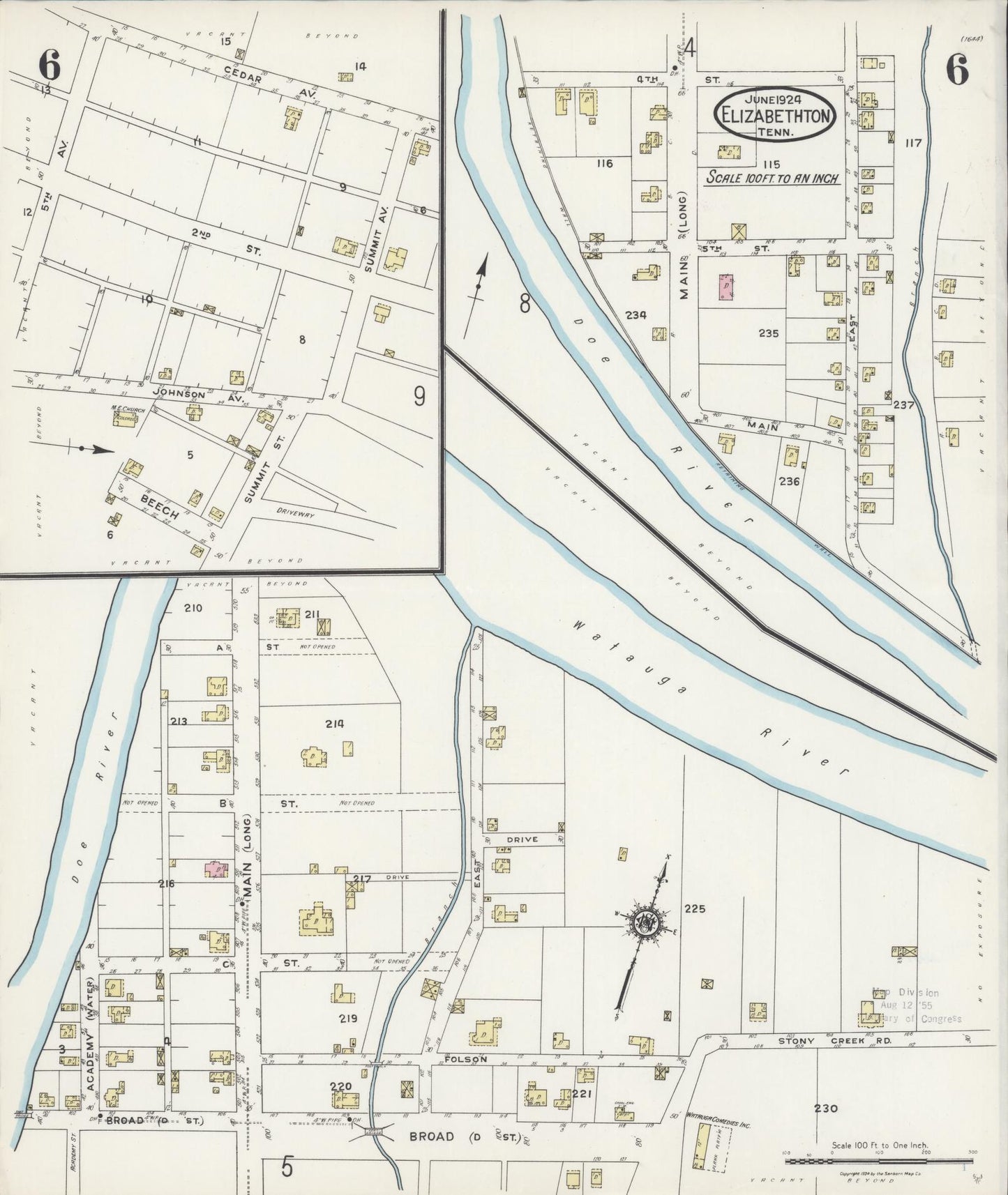Sanborn Fire Insurance Map from Elizabethton, Carter County, Tennessee (1924), Sheet #0006 - Historic Sanborn Fire Insurance Map Print, vintage old map wall art, antique decor, genealogy gift, Tennessee Tennessee map