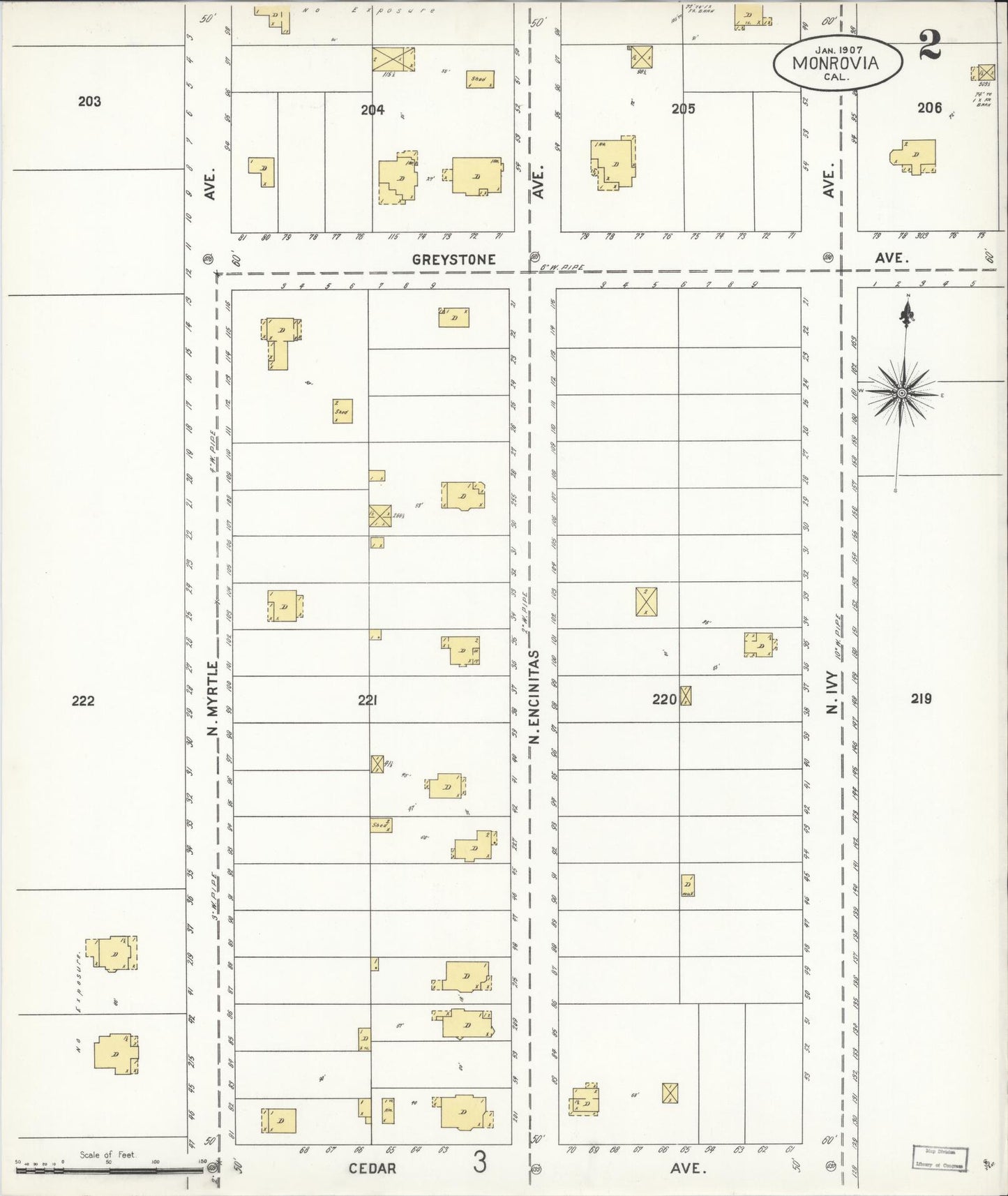 Sanborn Fire Insurance Map from Monrovia, Los Angeles County, California (1907), Sheet #0002 - Historic Sanborn Fire Insurance Map Print, vintage old map wall art, antique decor, genealogy gift, California California map