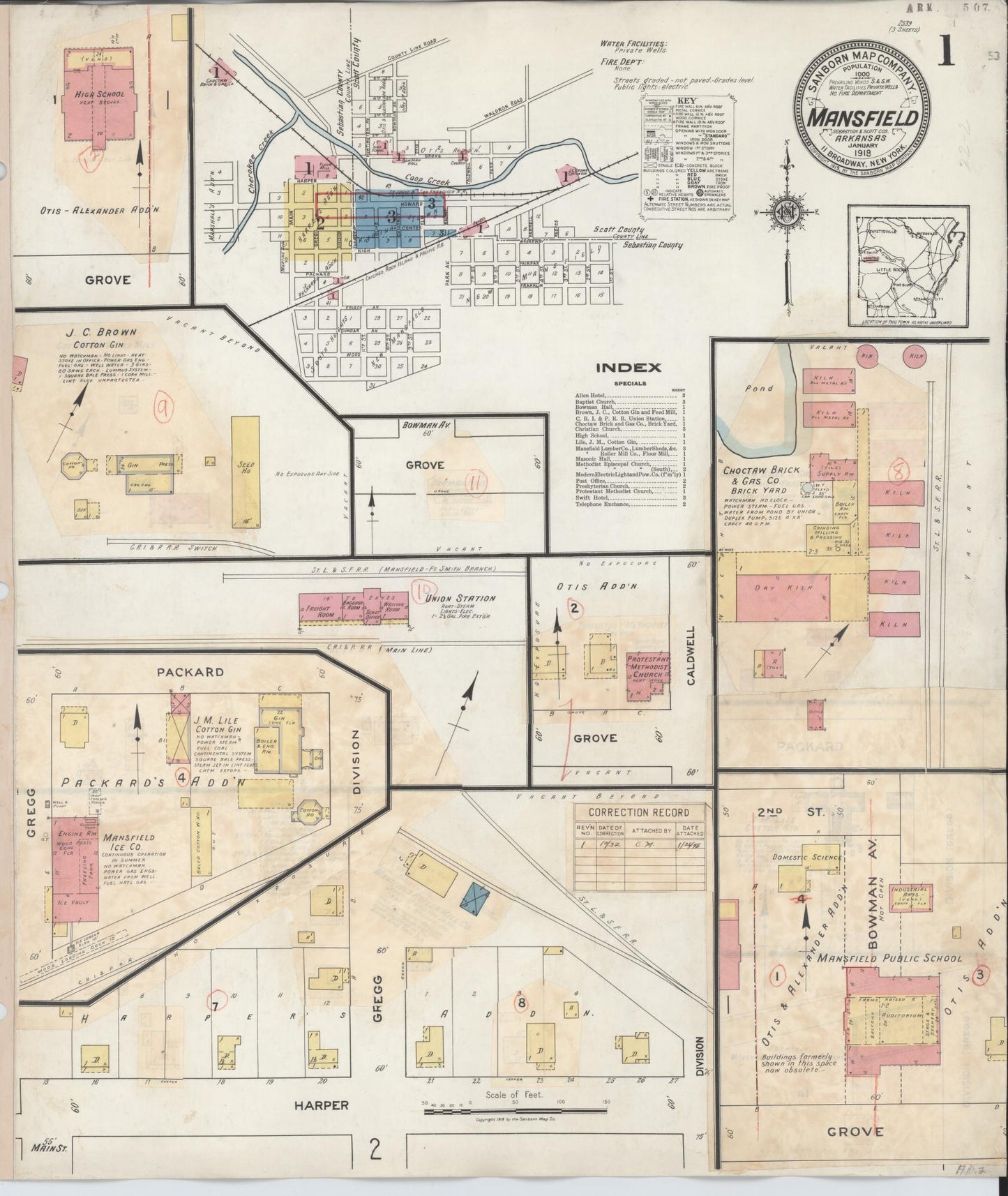 Sanborn Fire Insurance Map from Mansfield, Sebastian And Scott Counties, Arkansas (1932), Sheet #0001 - Historic Sanborn Fire Insurance Map Print, vintage old map wall art, antique decor, genealogy gift, Arkansas Arkansas map