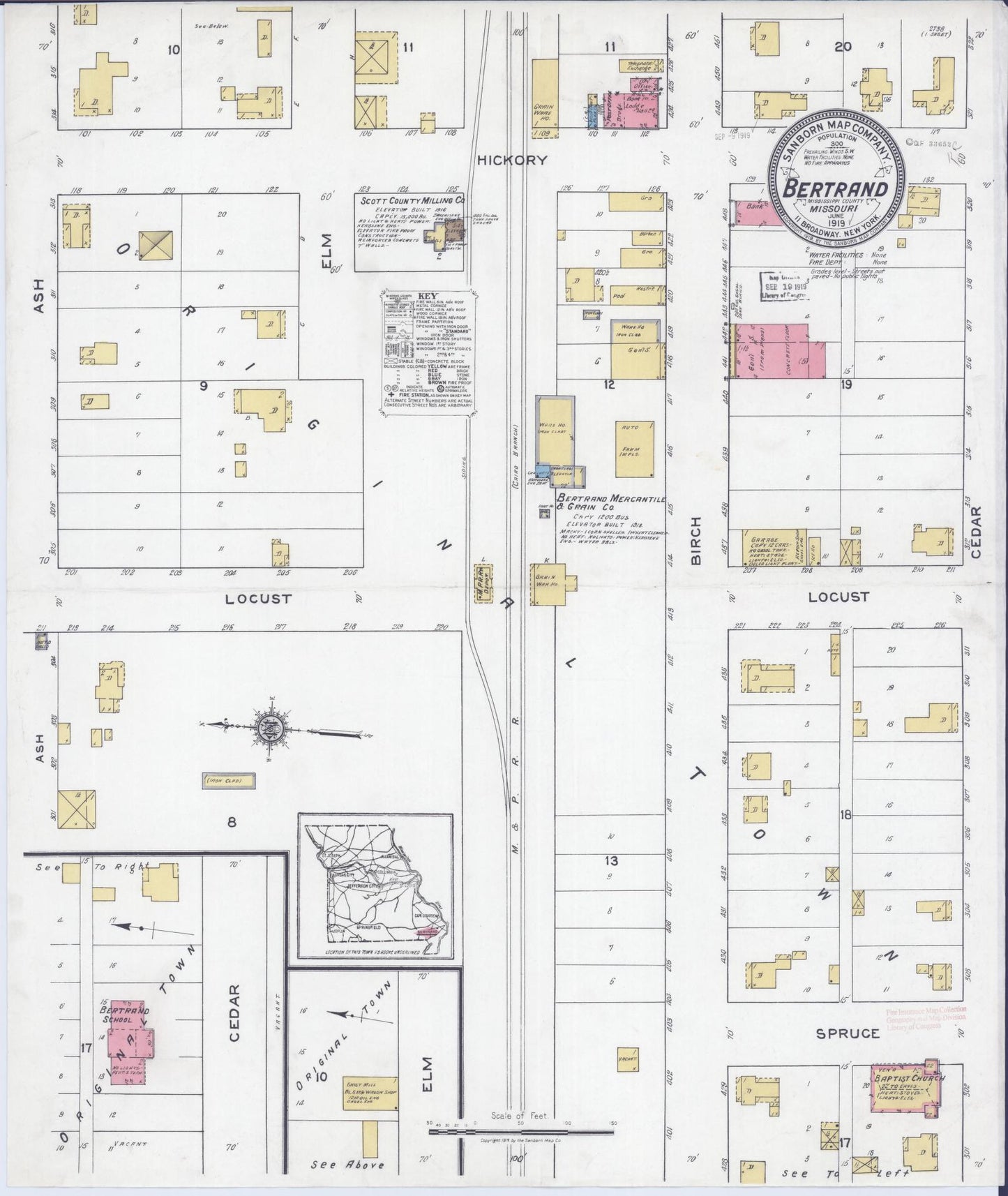 Sanborn Fire Insurance Map from Bertrand, Mississippi County, Missouri (1919), Sheet #0001 - Historic Sanborn Fire Insurance Map Print, vintage old map wall art, antique decor, genealogy gift, Bertrand Mississippi map