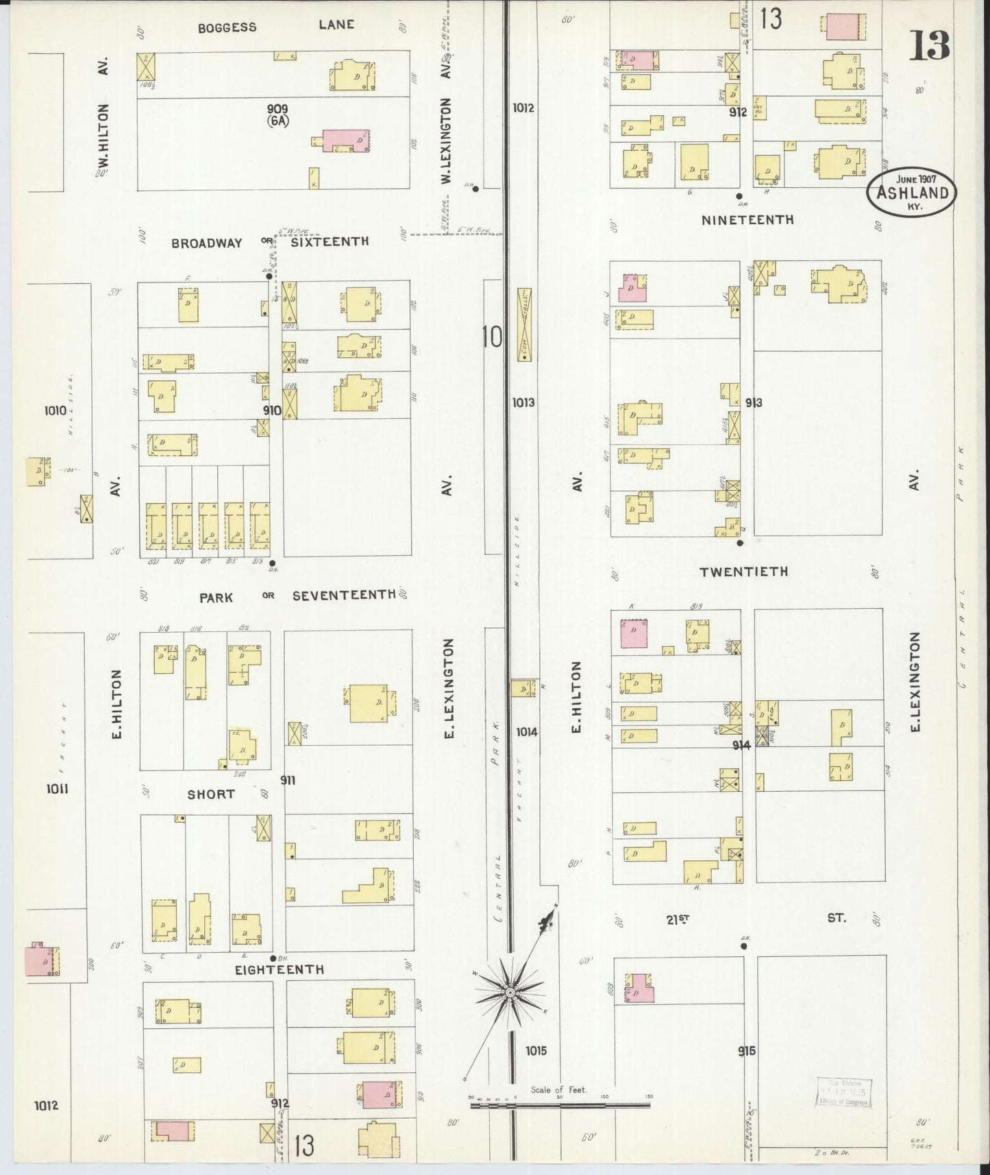 Sanborn Fire Insurance Map from Ashland, Boyd County, Kentucky (1907), Sheet #0013 - Historic Sanborn Fire Insurance Map Print, vintage old map wall art, antique decor, genealogy gift, Kentucky Kentucky map