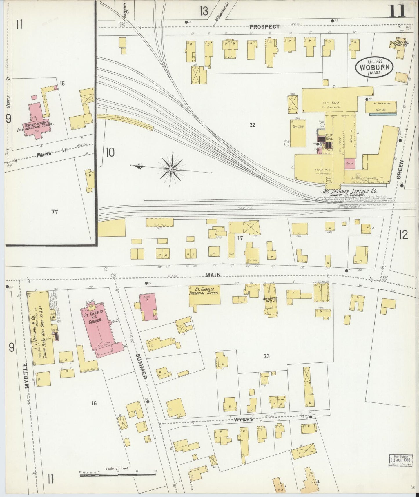 Sanborn Fire Insurance Map from Woburn, Middlesex County, Massachusetts (1899), Sheet #0011 - Historic Sanborn Fire Insurance Map Print, vintage old map wall art, antique decor, genealogy gift, Massachusetts Massachusetts map