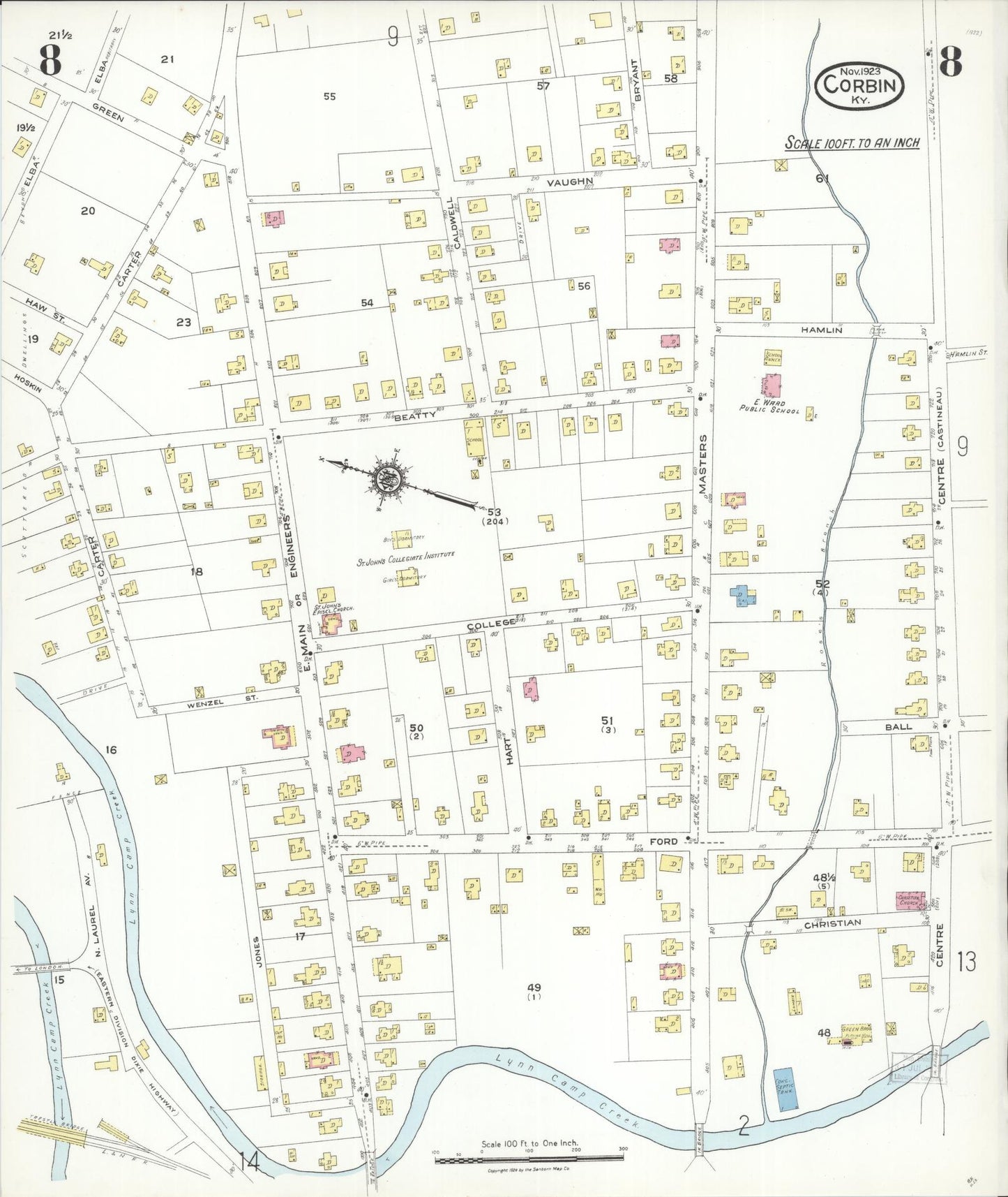 Sanborn Fire Insurance Map from Corbin, Knox and Whitley Counties, Kentucky (1923), Sheet #0008 - Historic Sanborn Fire Insurance Map Print, vintage old map wall art, antique decor, genealogy gift, Kentucky Kentucky map