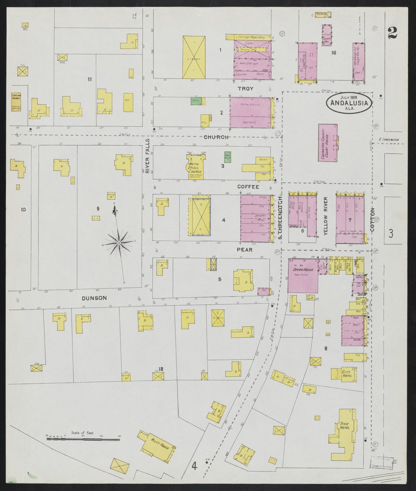 Sanborn Fire Insurance Map from Andalusia, Covington County, Alabama (1905), Sheet #0002 - Historic Sanborn Fire Insurance Map Print, vintage old map wall art, antique decor, genealogy gift, Alabama Alabama map