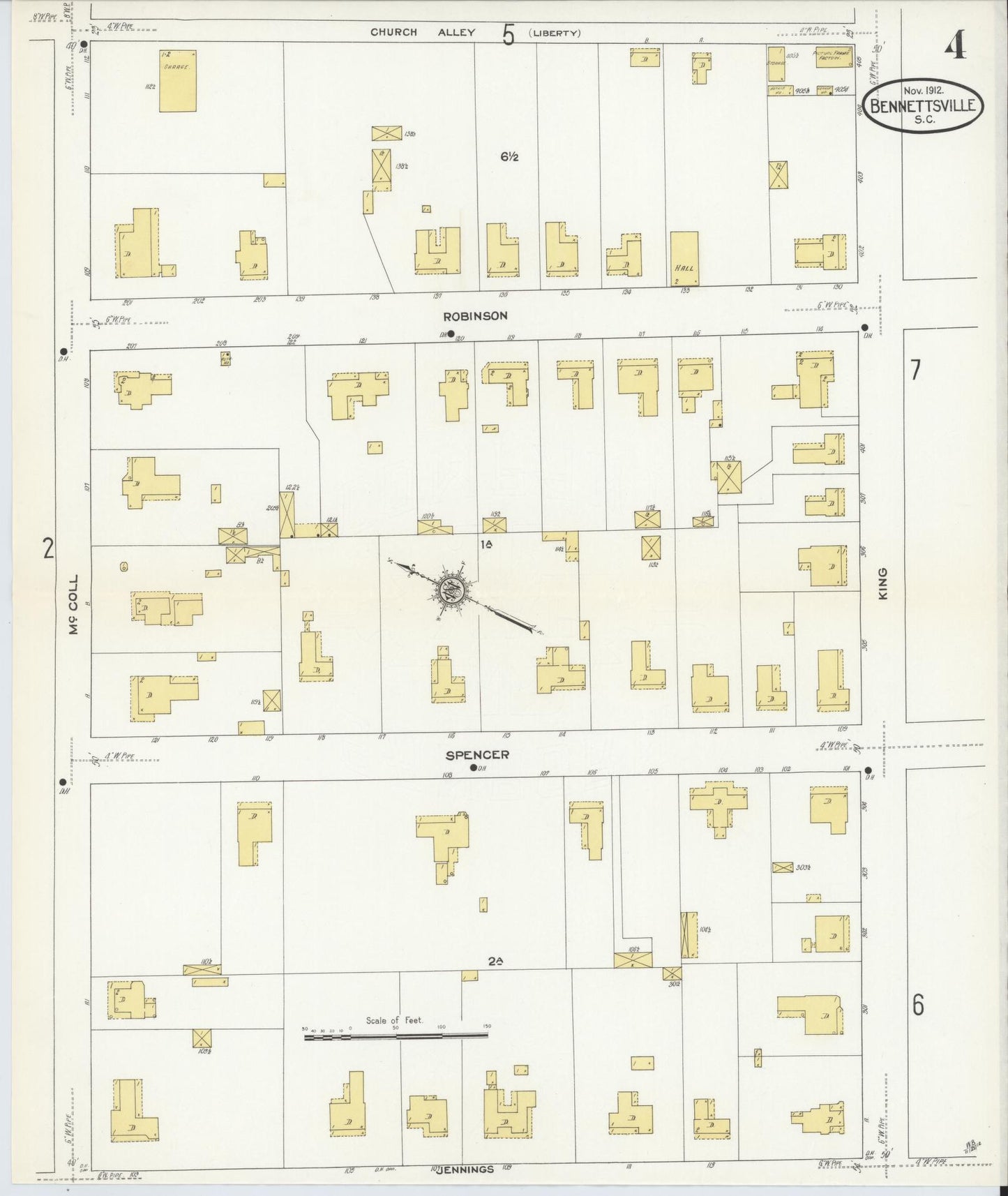 Sanborn Fire Insurance Map from Bennettsville, Marlboro County, South Carolina (1912), Sheet #0004 - Historic Sanborn Fire Insurance Map Print, vintage old map wall art, antique decor, genealogy gift, South Carolina South Carolina map