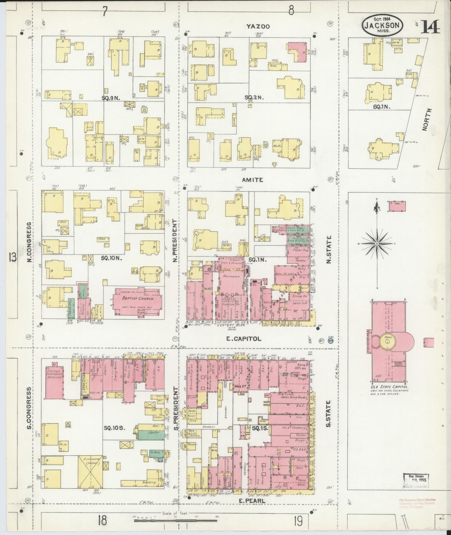 Sanborn Fire Insurance Map from Jackson, Hinds County, Mississippi (1904), Sheet #0014 - Historic Sanborn Fire Insurance Map Print, vintage old map wall art, antique decor, genealogy gift, Mississippi Mississippi map