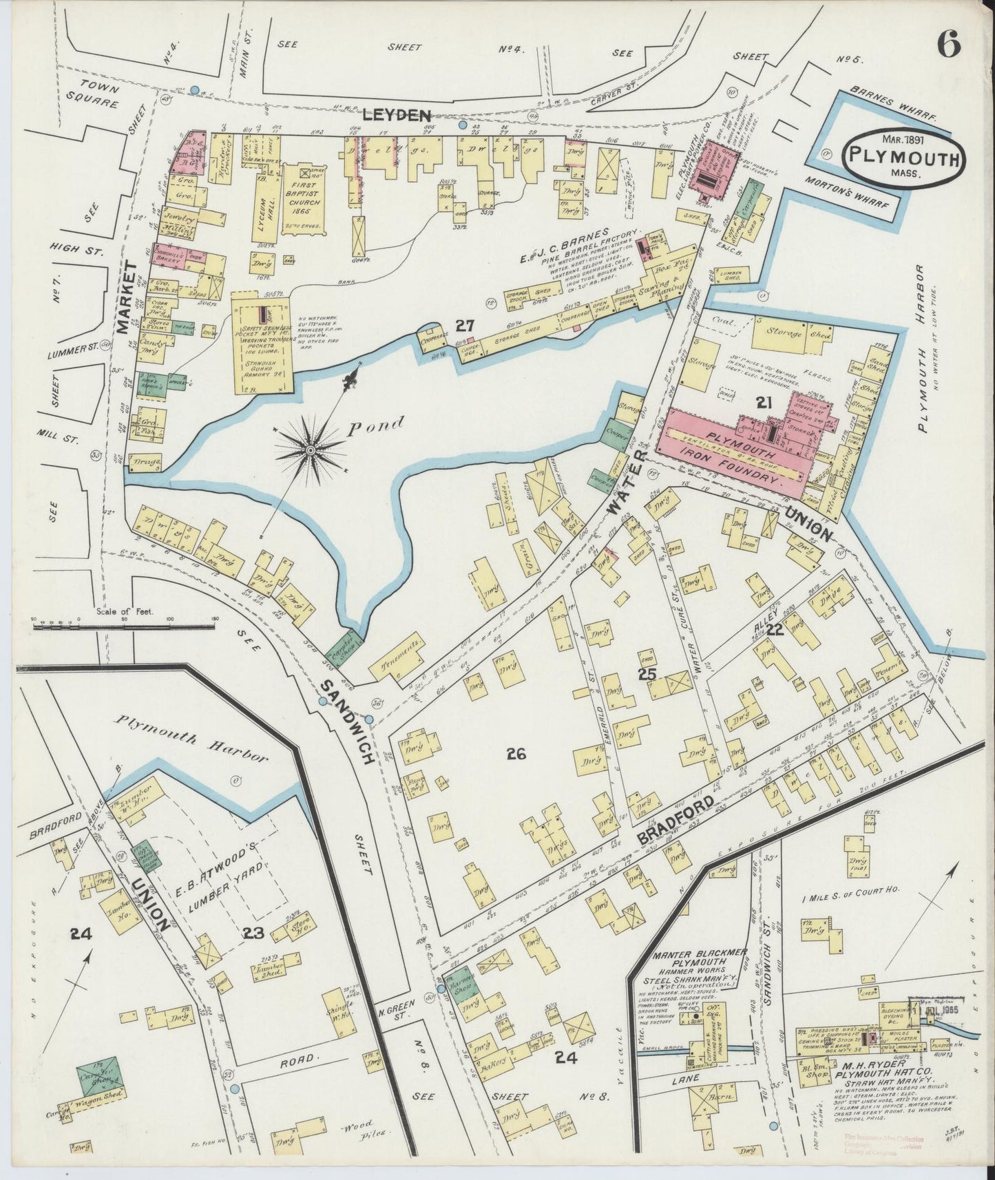 Sanborn Fire Insurance Map from Plymouth, Plymouth County, Massachusetts (1891), Sheet #0006 - Historic Sanborn Fire Insurance Map Print, vintage old map wall art, antique decor, genealogy gift, Massachusetts Massachusetts map
