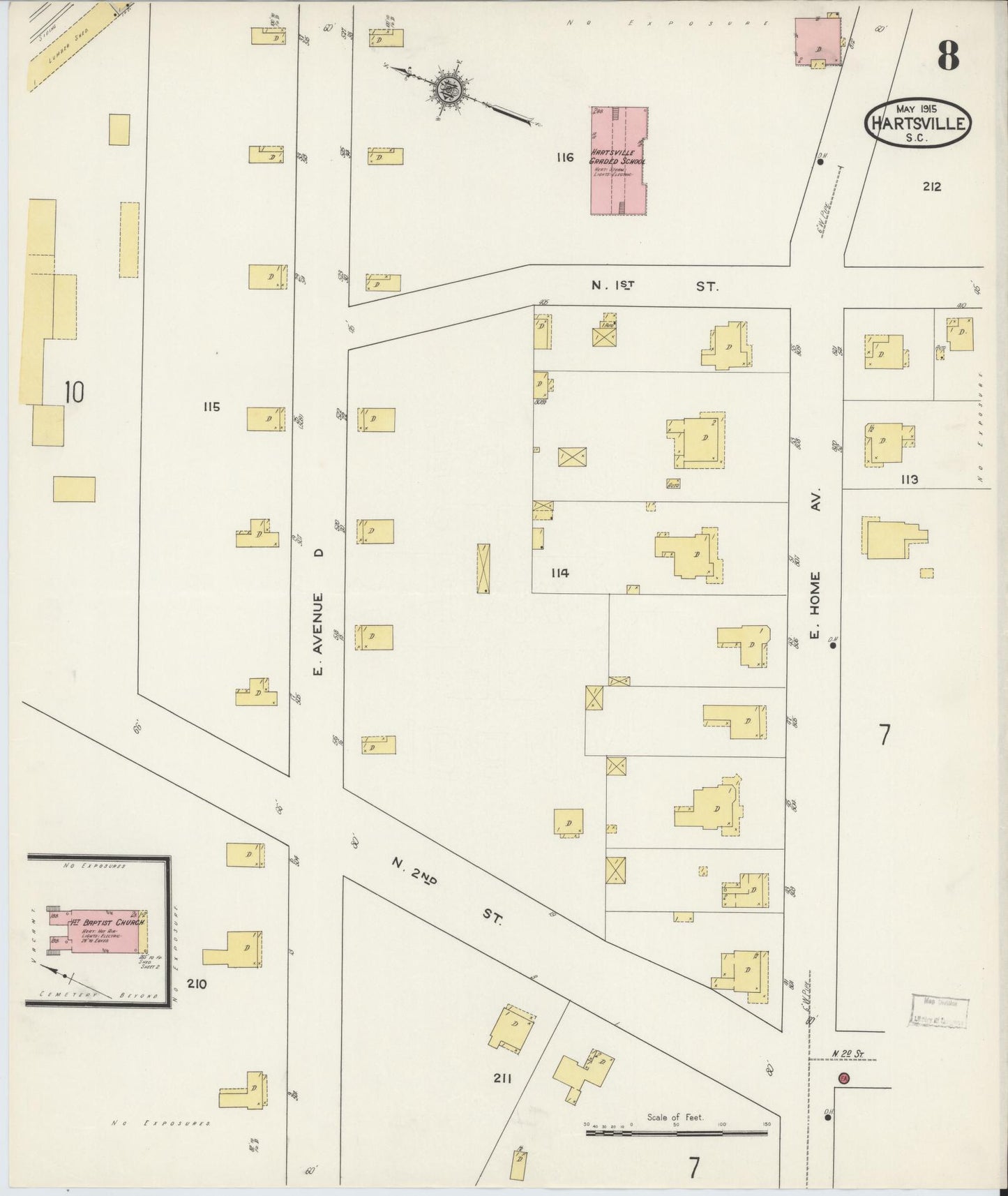 Sanborn Fire Insurance Map from Hartsville, Darlington County, South Carolina (1915), Sheet #0008 - Historic Sanborn Fire Insurance Map Print, vintage old map wall art, antique decor, genealogy gift, South Carolina South Carolina map