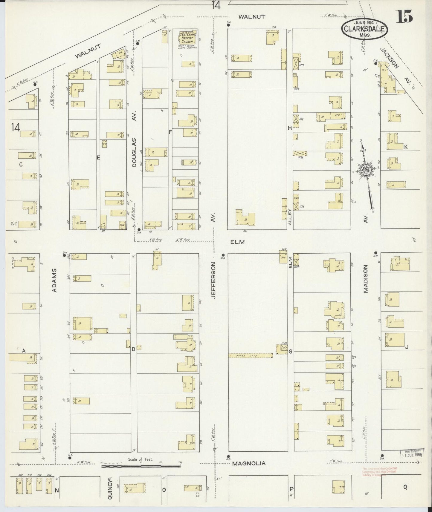 Sanborn Fire Insurance Map from Clarksdale, Coahoma County, Mississippi (1914), Sheet #0015 - Historic Sanborn Fire Insurance Map Print, vintage old map wall art, antique decor, genealogy gift, Mississippi Mississippi map
