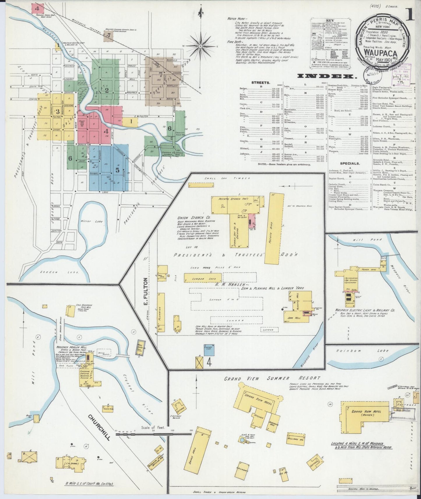 Sanborn Fire Insurance Map from Waupaca, Waupaca County, Wisconsin (1901), Sheet #0001 - Historic Sanborn Fire Insurance Map Print, vintage old map wall art, antique decor, genealogy gift, Wisconsin Wisconsin map