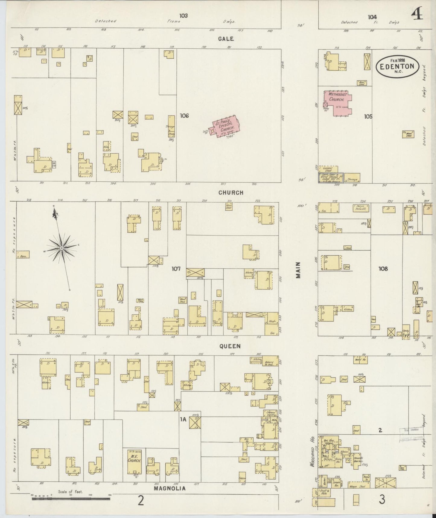 Sanborn Fire Insurance Map from Edenton, Chowan County, North Carolina (1898), Sheet #0004 - Historic Sanborn Fire Insurance Map Print, vintage old map wall art, antique decor, genealogy gift, North Carolina North Carolina map