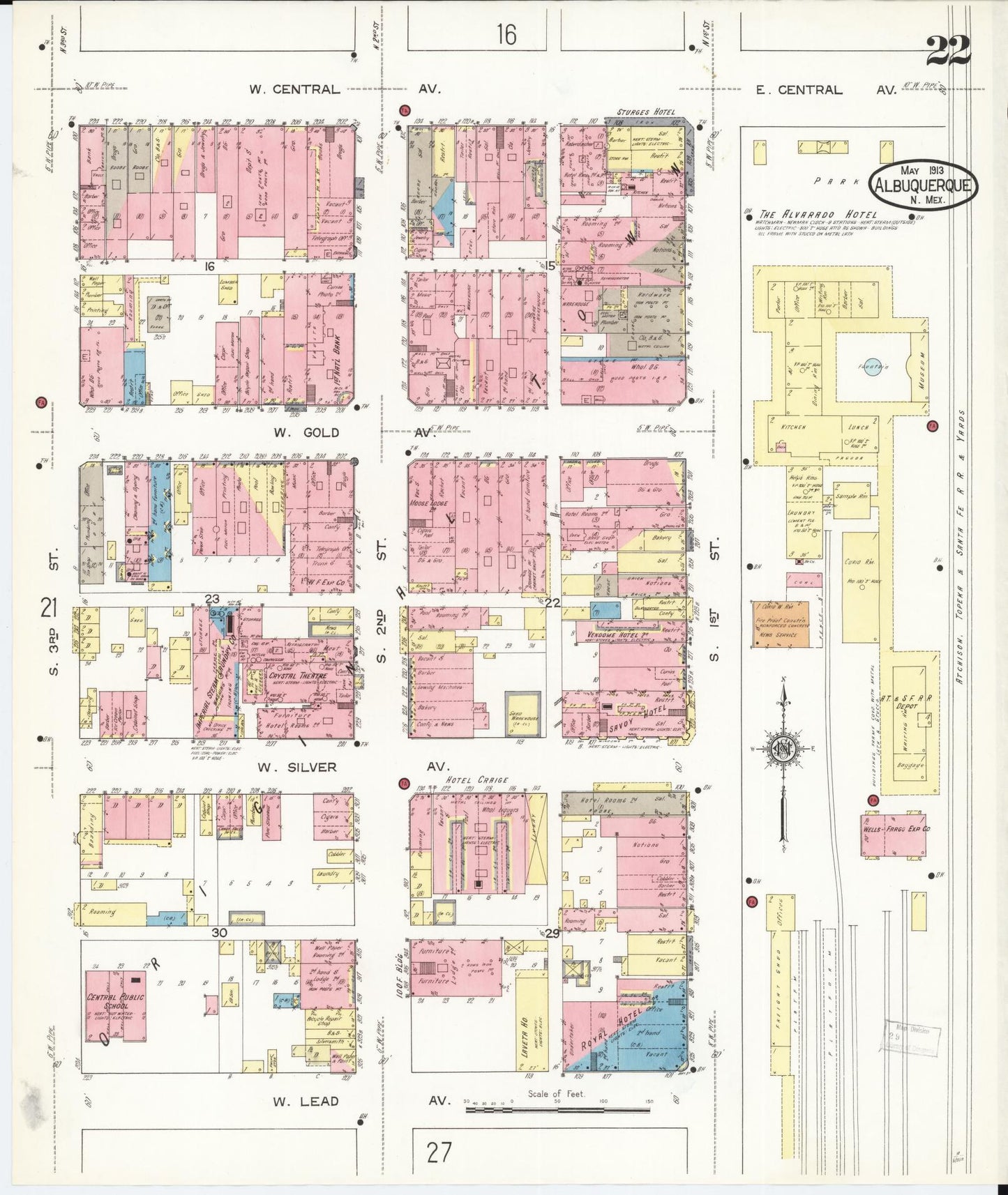 Sanborn Fire Insurance Map from Albuquerque, Bernalillo County, New Mexico (1913), Sheet #0022 - Historic Sanborn Fire Insurance Map Print, vintage old map wall art, antique decor, genealogy gift, New Mexico New Mexico map