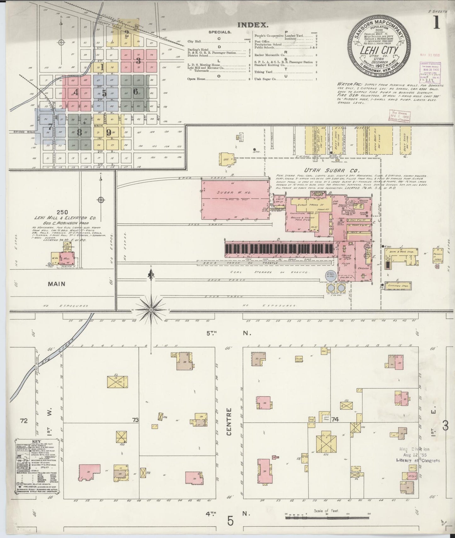 Sanborn Fire Insurance Map from Lehi, Utah County, Utah (1907), Sheet #0001 - Historic Sanborn Fire Insurance Map Print, vintage old map wall art, antique decor, genealogy gift, Lehi Utah map