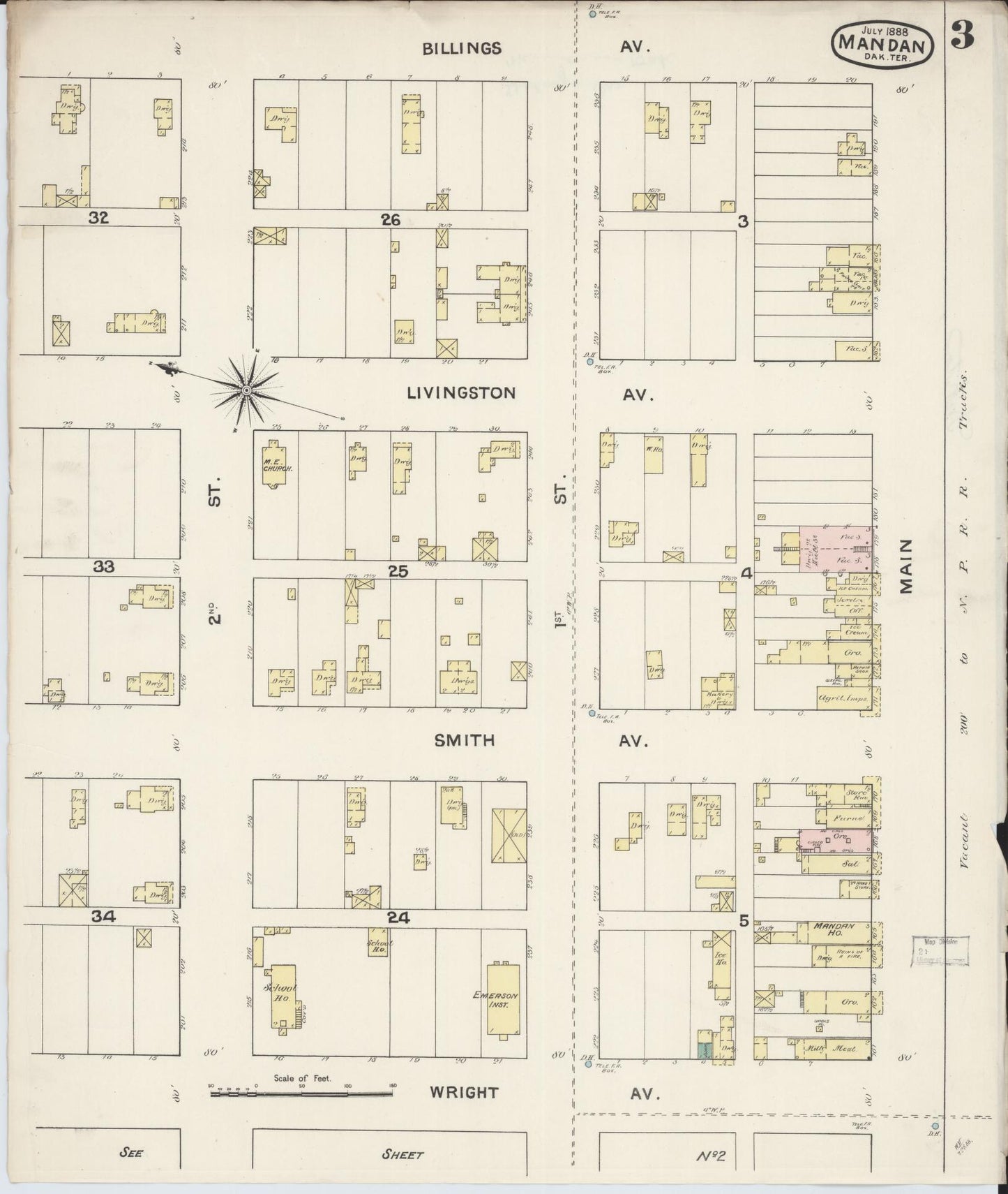 Sanborn Fire Insurance Map from Mandan, Morton County, North Dakota (1888), Sheet #0003 - Historic Sanborn Fire Insurance Map Print, vintage old map wall art, antique decor, genealogy gift, North Dakota North Dakota map