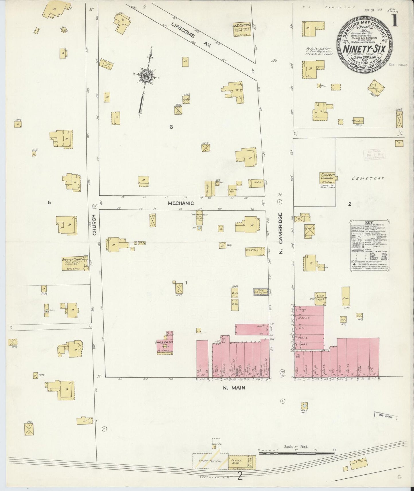 Sanborn Fire Insurance Map from Ninety Six, Greenwood County, South Carolina (1912), Sheet #0001 - Historic Sanborn Fire Insurance Map Print, vintage old map wall art, antique decor, genealogy gift, South Carolina South Carolina map