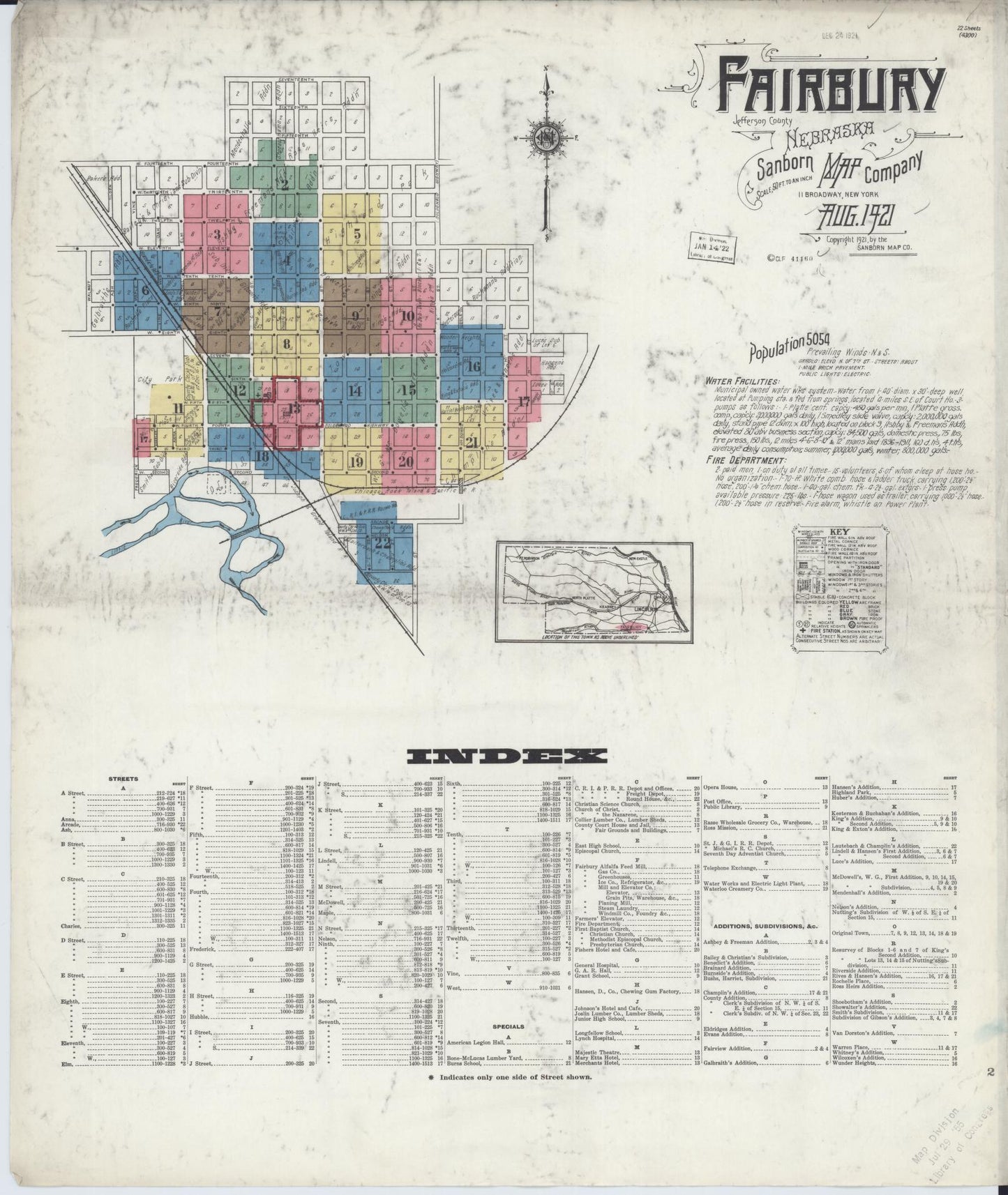 Sanborn Fire Insurance Map from Fairbury, Jefferson County, Nebraska (1921), Sheet #0001 - Historic Sanborn Fire Insurance Map Print, vintage old map wall art, antique decor, genealogy gift, Nebraska Nebraska map