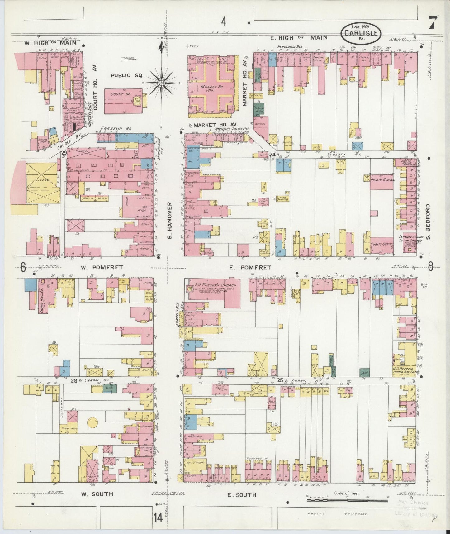 Sanborn Fire Insurance Map from Carlisle, Cumberland County, Pennsylvania (1909), Sheet #0007 - Historic Sanborn Fire Insurance Map Print, vintage old map wall art, antique decor, genealogy gift, Pennsylvania Pennsylvania map