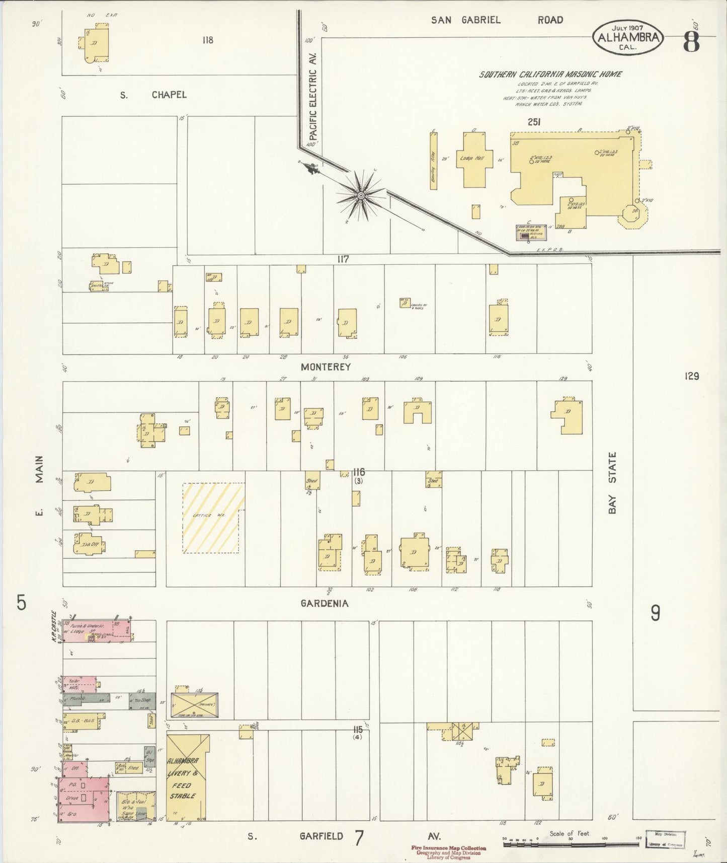Sanborn Fire Insurance Map from Alhambra, Los Angeles County, California (1907), Sheet #0008 - Historic Sanborn Fire Insurance Map Print, vintage old map wall art, antique decor, genealogy gift, California California map