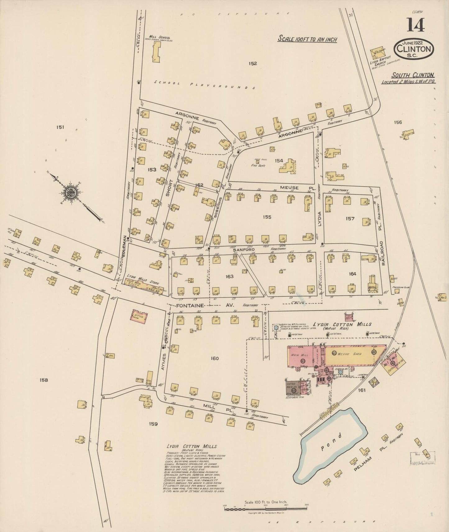 Sanborn Fire Insurance Map from Clinton, Laurens County, South Carolina (1922), Sheet #0014 - Historic Sanborn Fire Insurance Map Print, vintage old map wall art, antique decor, genealogy gift, South Carolina South Carolina map