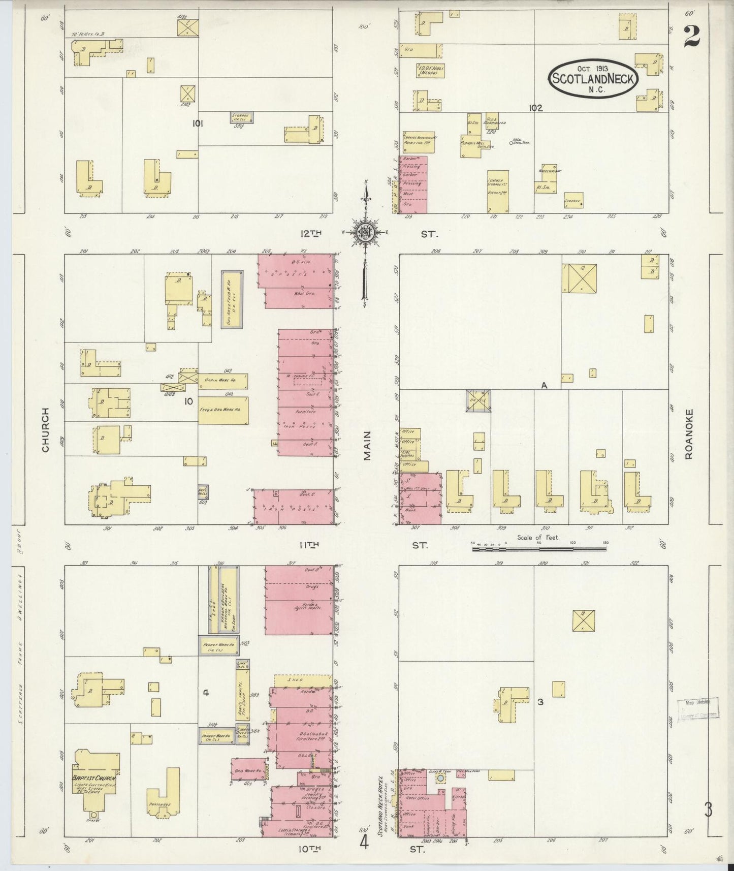 Sanborn Fire Insurance Map from Scotland Neck, Halifax County, North Carolina (1913), Sheet #0002 - Historic Sanborn Fire Insurance Map Print, vintage old map wall art, antique decor, genealogy gift, North Carolina North Carolina map