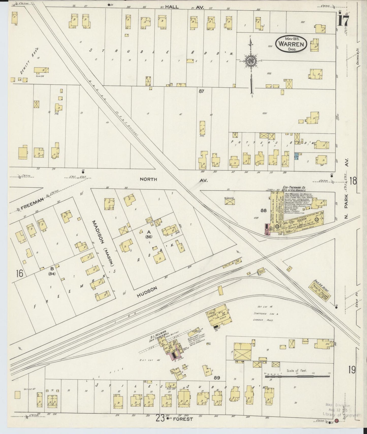 Sanborn Fire Insurance Map from Warren, Trumbull County, Ohio (1915), Sheet #0017 - Historic Sanborn Fire Insurance Map Print, vintage old map wall art, antique decor, genealogy gift, Ohio Ohio map