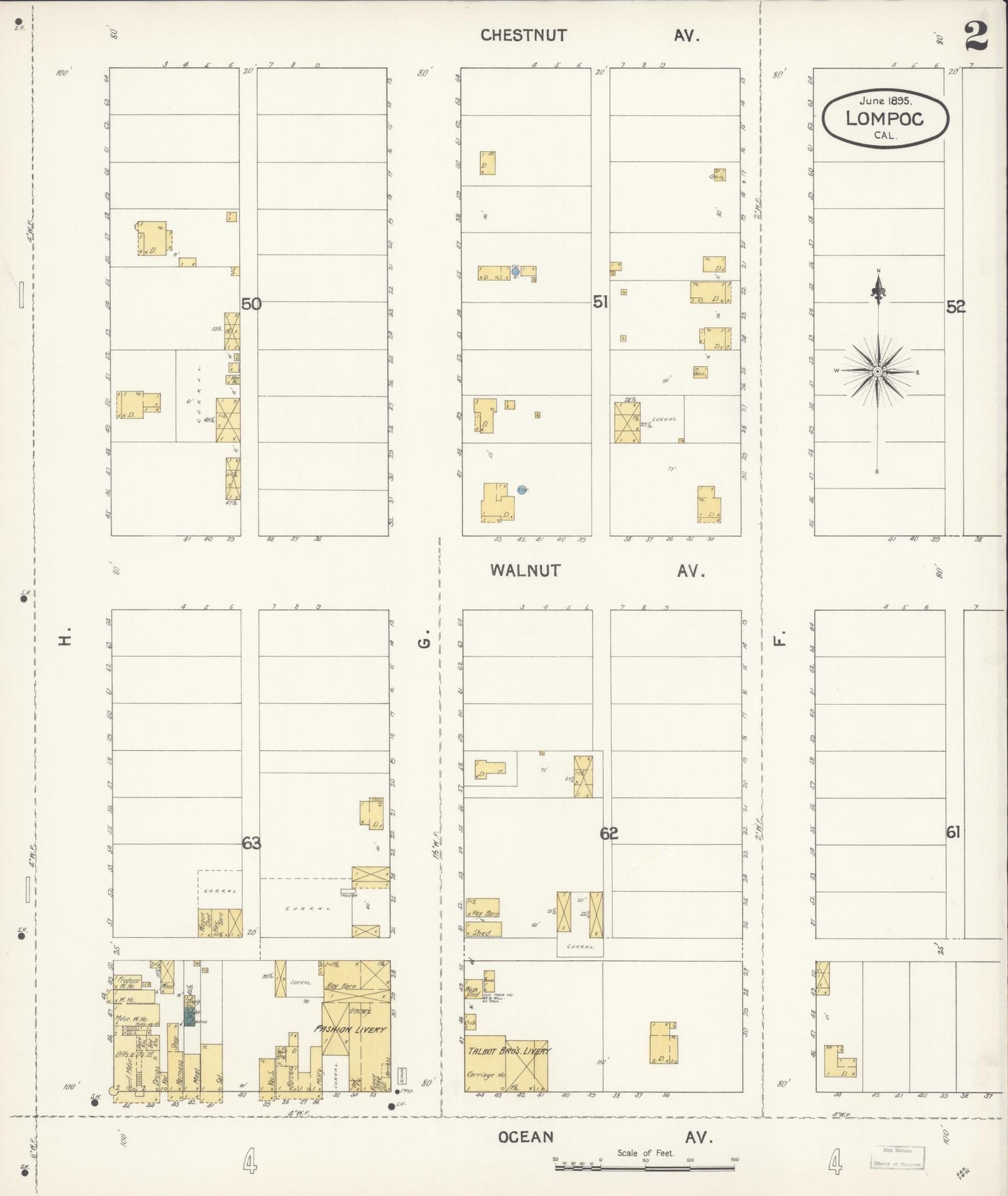 Sanborn Fire Insurance Map from Lompoc, Santa Barbara County, California (1895), Sheet #0002 - Historic Sanborn Fire Insurance Map Print, vintage old map wall art, antique decor, genealogy gift, California California map