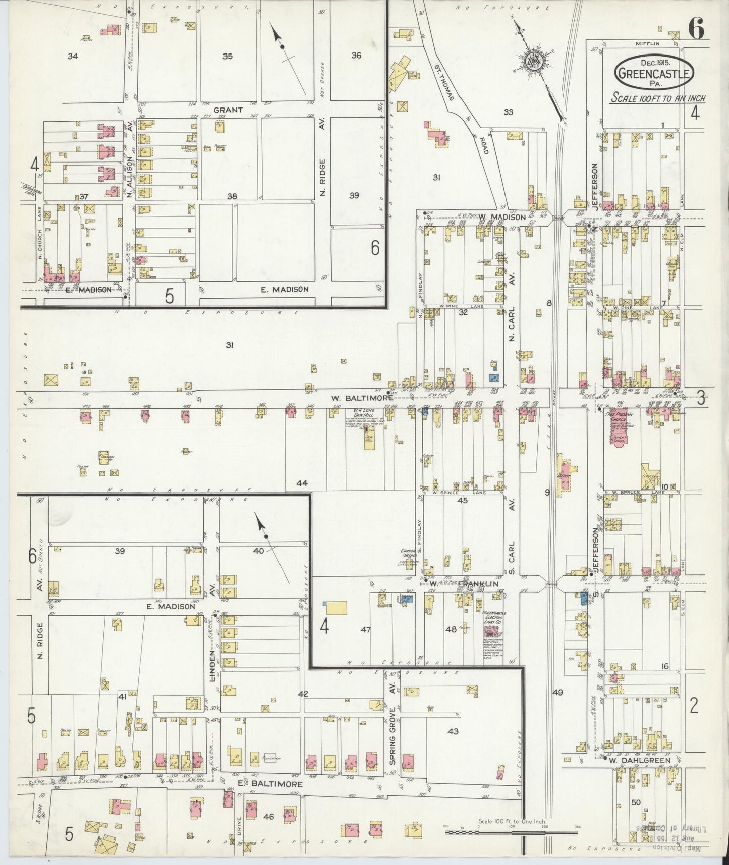 Sanborn Fire Insurance Map from Greencastle, Franklin County, Pennsylvania (1915), Sheet #0006 - Historic Sanborn Fire Insurance Map Print, vintage old map wall art, antique decor, genealogy gift, Pennsylvania Pennsylvania map