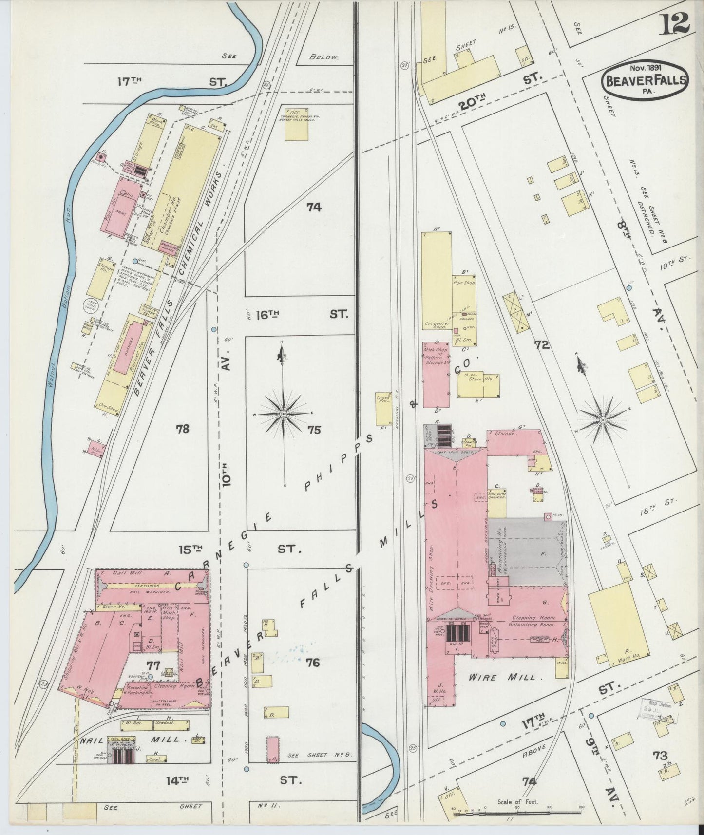 Sanborn Fire Insurance Map from Beaver Falls, Beaver County, Pennsylvania (1891), Sheet #0012 - Historic Sanborn Fire Insurance Map Print, vintage old map wall art, antique decor, genealogy gift, Pennsylvania Pennsylvania map