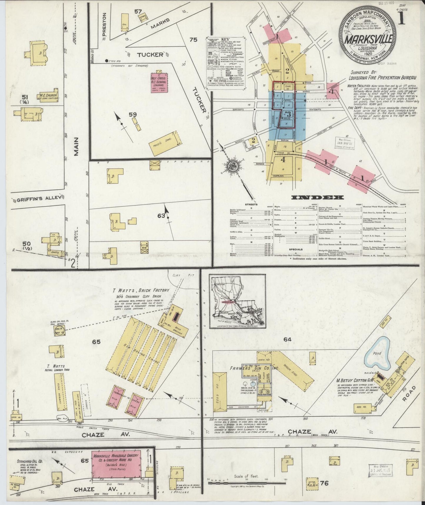 Sanborn Fire Insurance Map from Marksville, Avoyelles Parish, Louisiana (1920), Sheet #0001 - Historic Sanborn Fire Insurance Map Print, vintage old map wall art, antique decor, genealogy gift, Louisiana Louisiana map