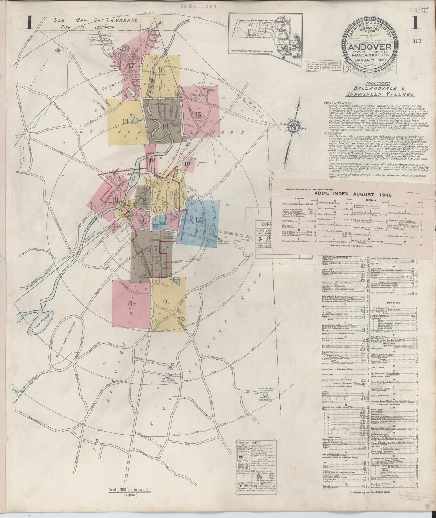 Sanborn Fire Insurance Map from Andover, Essex County, Massachusetts (1949), Sheet #0001 - Historic Sanborn Fire Insurance Map Print, vintage old map wall art, antique decor, genealogy gift, Massachusetts Massachusetts map