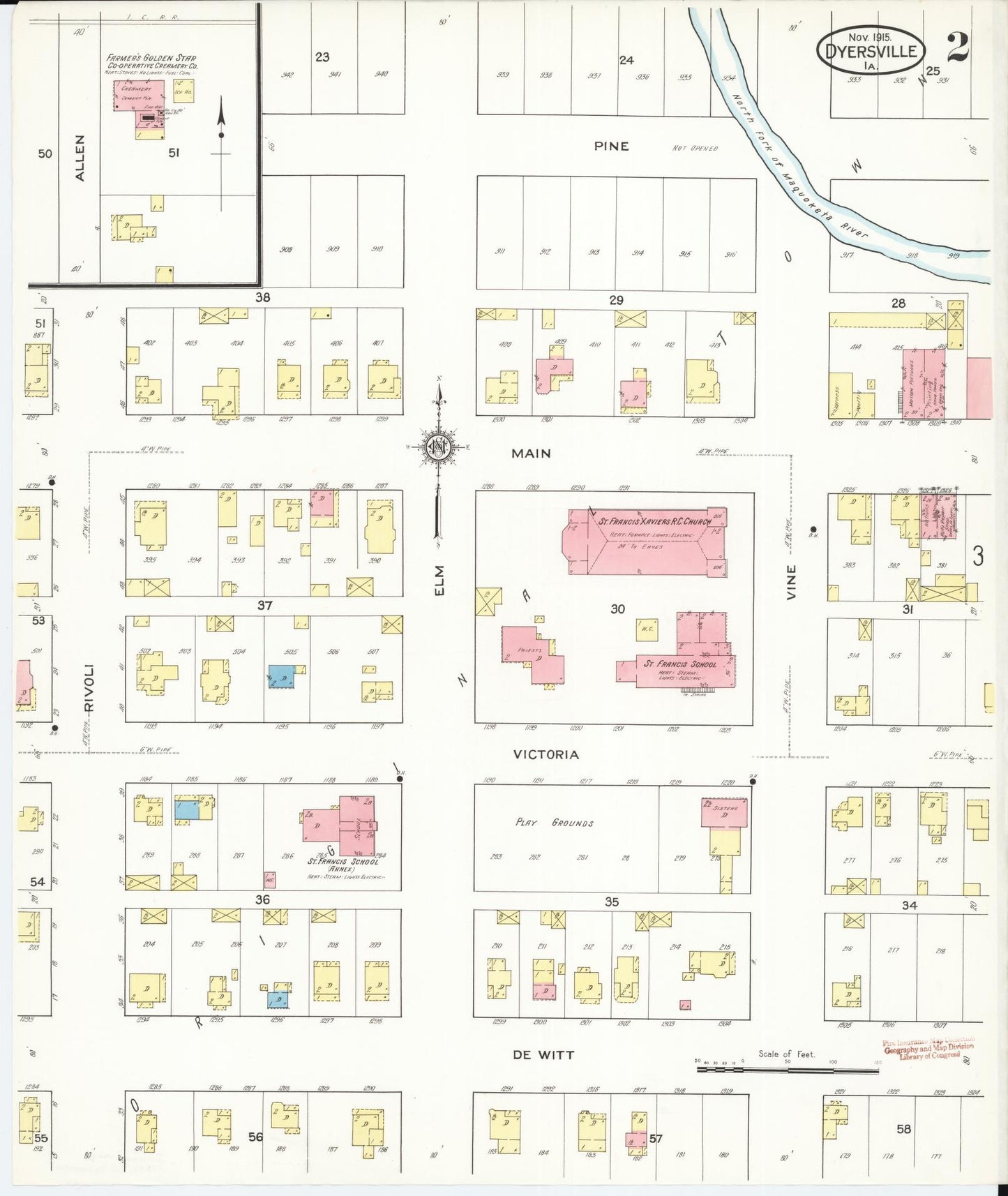Sanborn Fire Insurance Map from Dyersville, Dubuque County, Iowa (1915), Sheet #0002 - Historic Sanborn Fire Insurance Map Print, vintage old map wall art