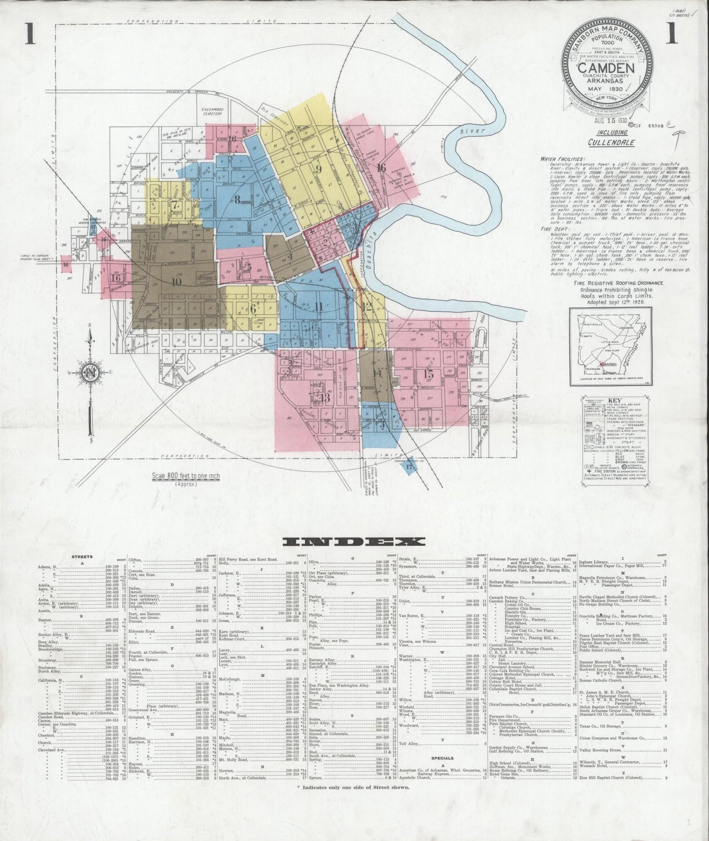 Sanborn Fire Insurance Map from Camden, Ouachita County, Arkansas (1930), Sheet #0001 - Historic Sanborn Fire Insurance Map Print, vintage old map wall art, antique decor, genealogy gift, Arkansas Arkansas map