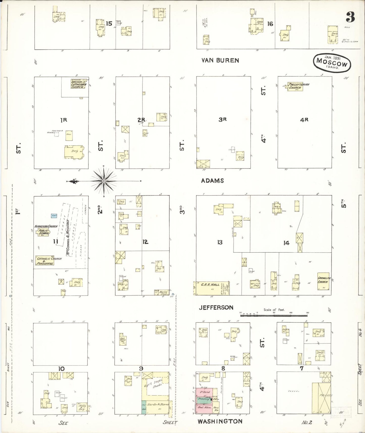 Sanborn Fire Insurance Map from Moscow, Latah County, Idaho (1891), Sheet #0003 - Historic Sanborn Fire Insurance Map Print, vintage old map wall art, antique decor, genealogy gift, Idaho Idaho map