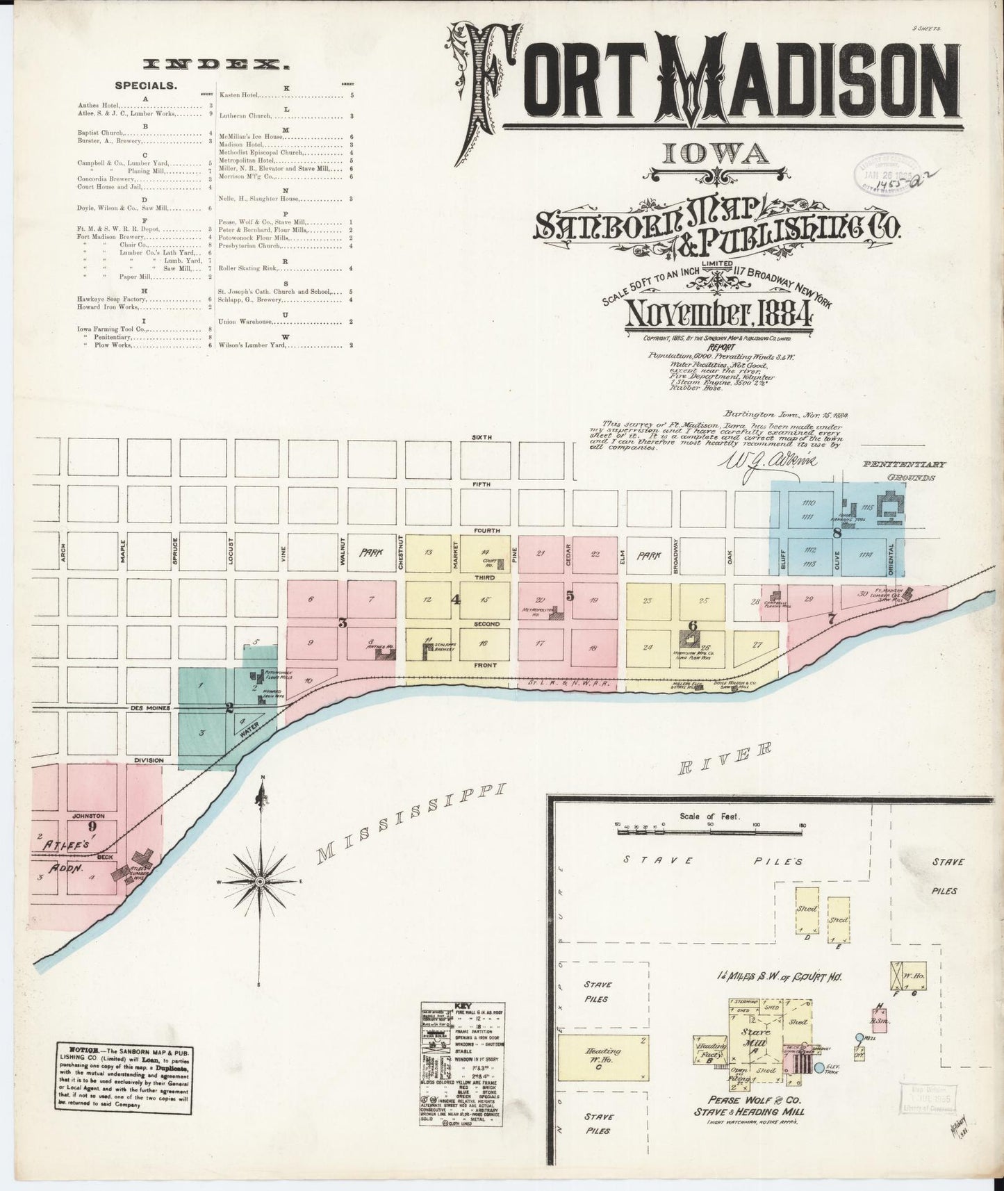 Sanborn Fire Insurance Map from Fort Madison, Lee County, Iowa (1884), Sheet #0001 - Historic Sanborn Fire Insurance Map Print, vintage old map wall art
