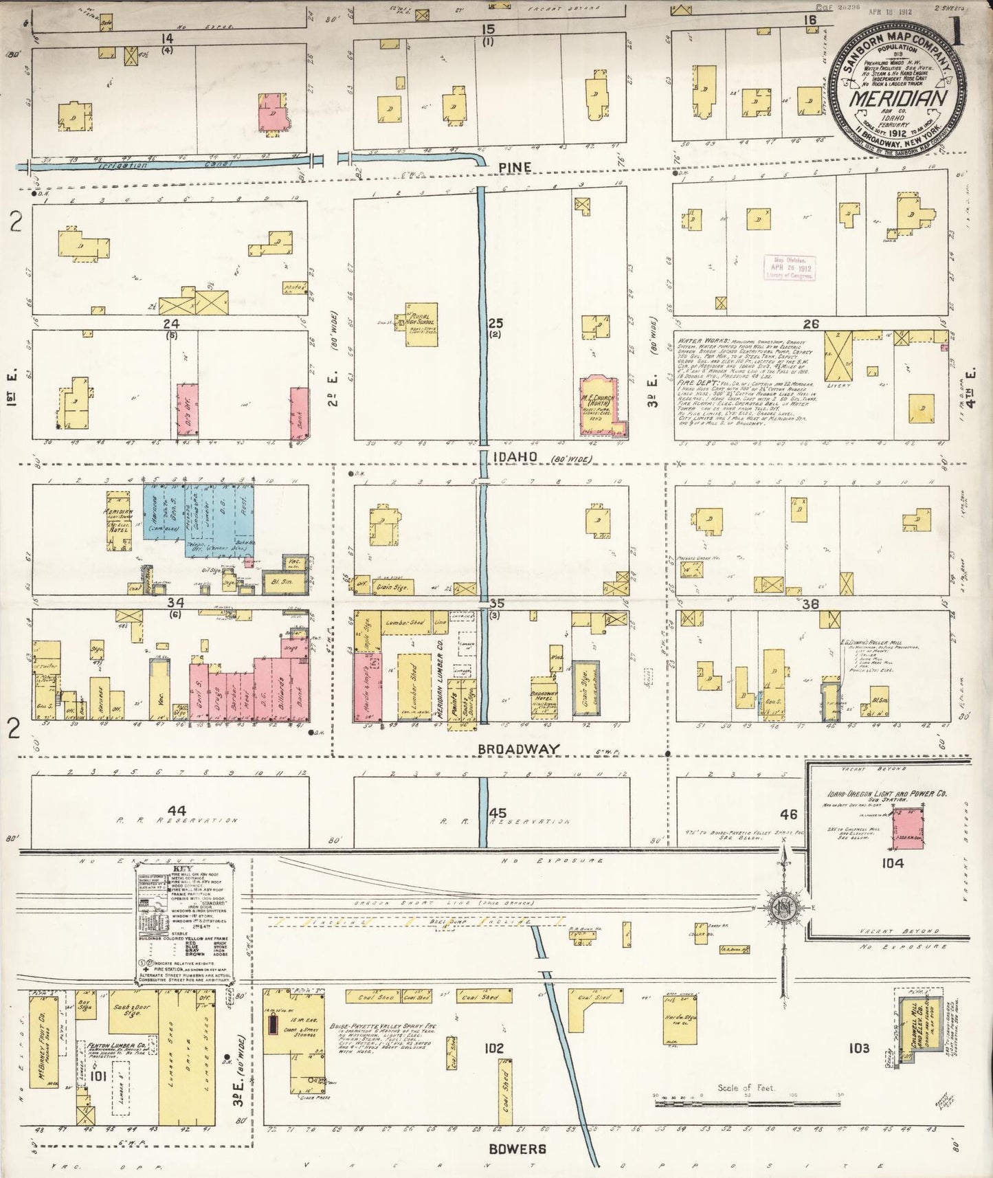 Sanborn Fire Insurance Map from Meridian, Ada County, Idaho (1912), Sheet #0001 - Historic Sanborn Fire Insurance Map Print, vintage old map wall art, antique decor, genealogy gift, Idaho Idaho map
