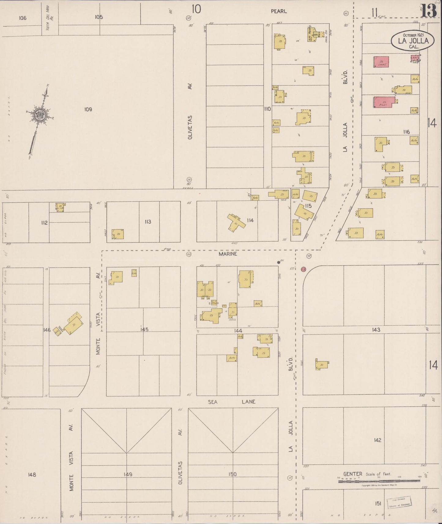 Sanborn Fire Insurance Map from La Jolla, San Diego County, California (1921), Sheet #0013 - Historic Sanborn Fire Insurance Map Print, vintage old map wall art, antique decor, genealogy gift, California California map
