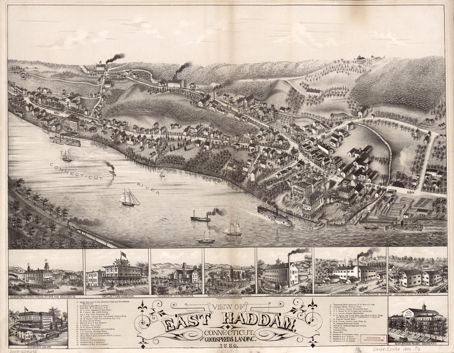 View of East Haddam, Connecticut, and Goodspeeds Landing : 1880. (1880) – Historic Bird’s-Eye View Panorama Print