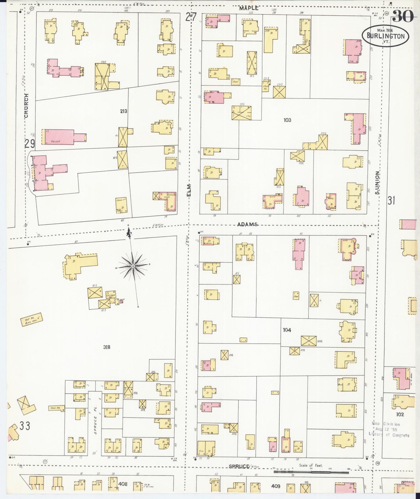 Sanborn Fire Insurance Map from Burlington, Chittenden County, Vermont (1906), Sheet #0030 - Historic Sanborn Fire Insurance Map Print, vintage old map wall art, antique decor, genealogy gift, Vermont Vermont map